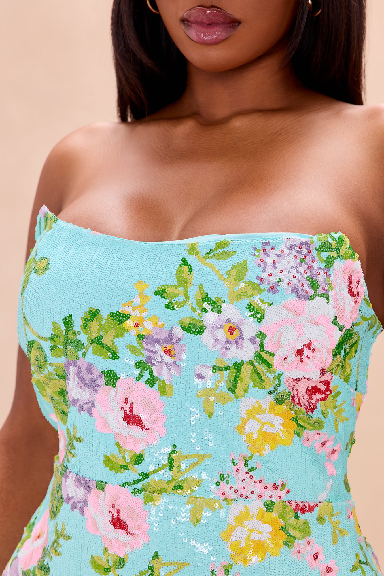 Leah Strapless Sequin Midi Dress - Turquoise/combo