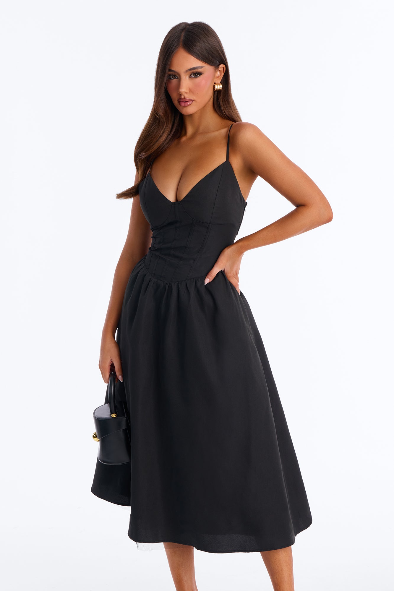 Flora Lace Up Midi Dress - Black