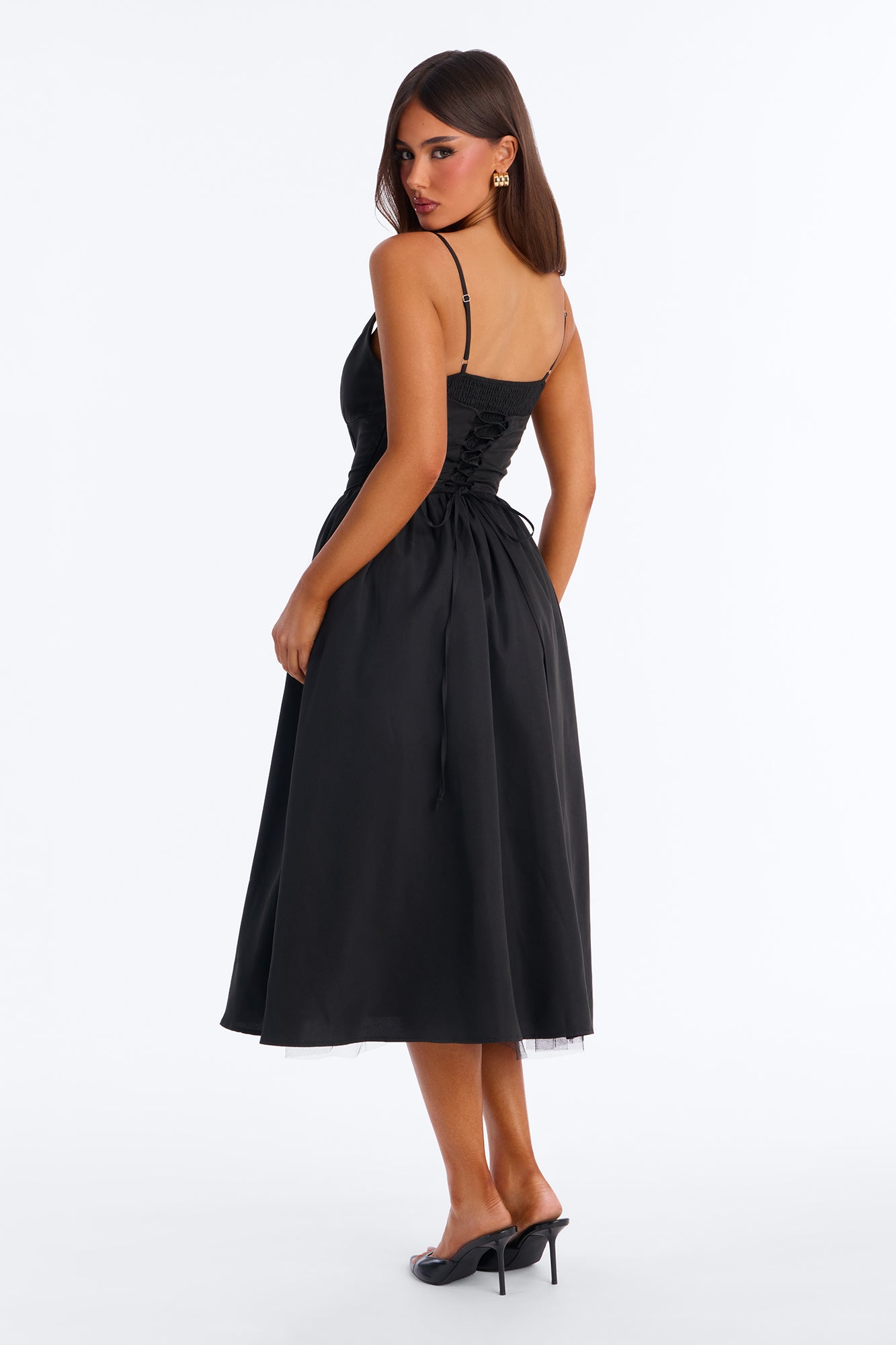 Flora Lace Up Midi Dress - Black