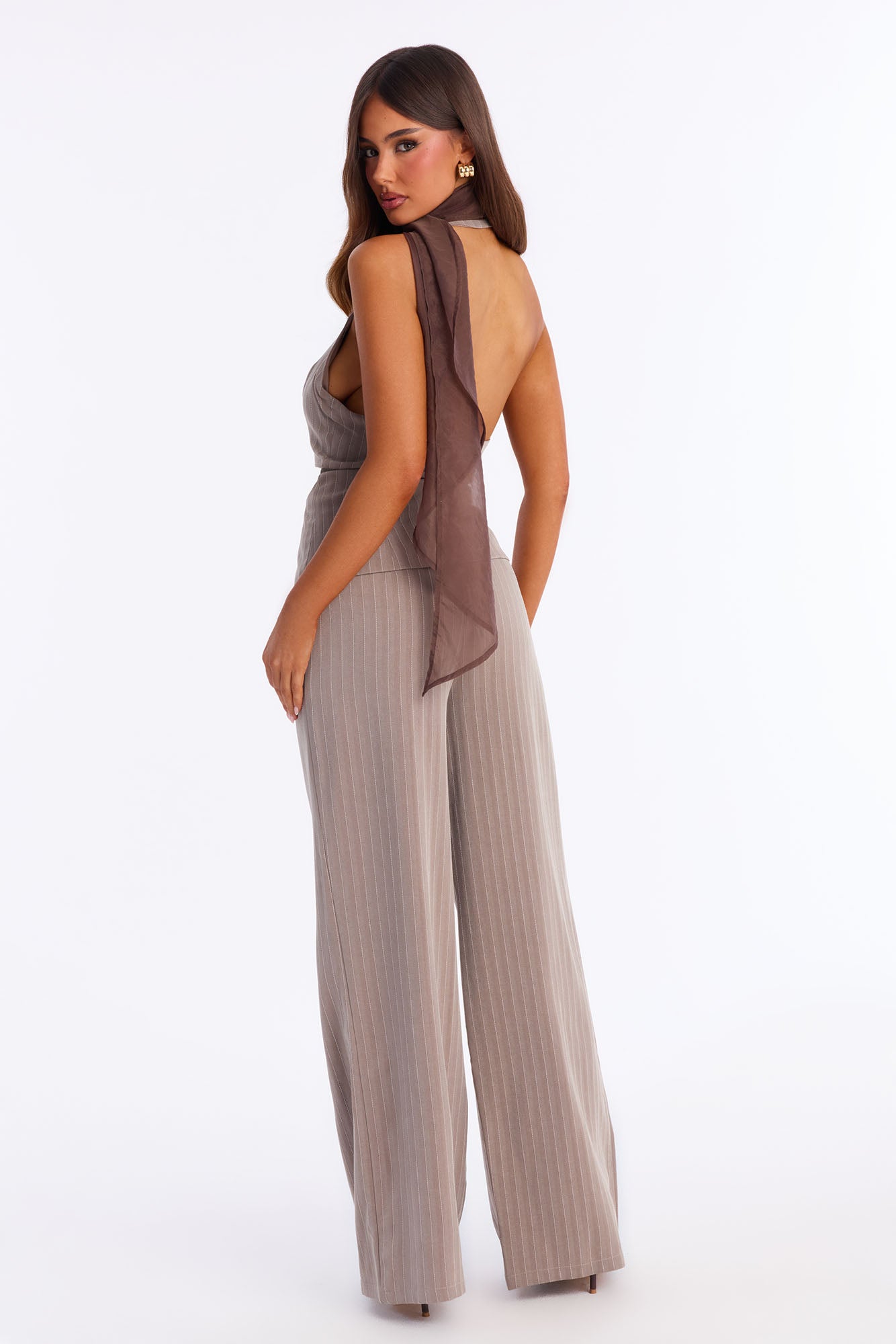 Paloma Pinstripe Scarf Wide Leg Jumpsuit - Brown