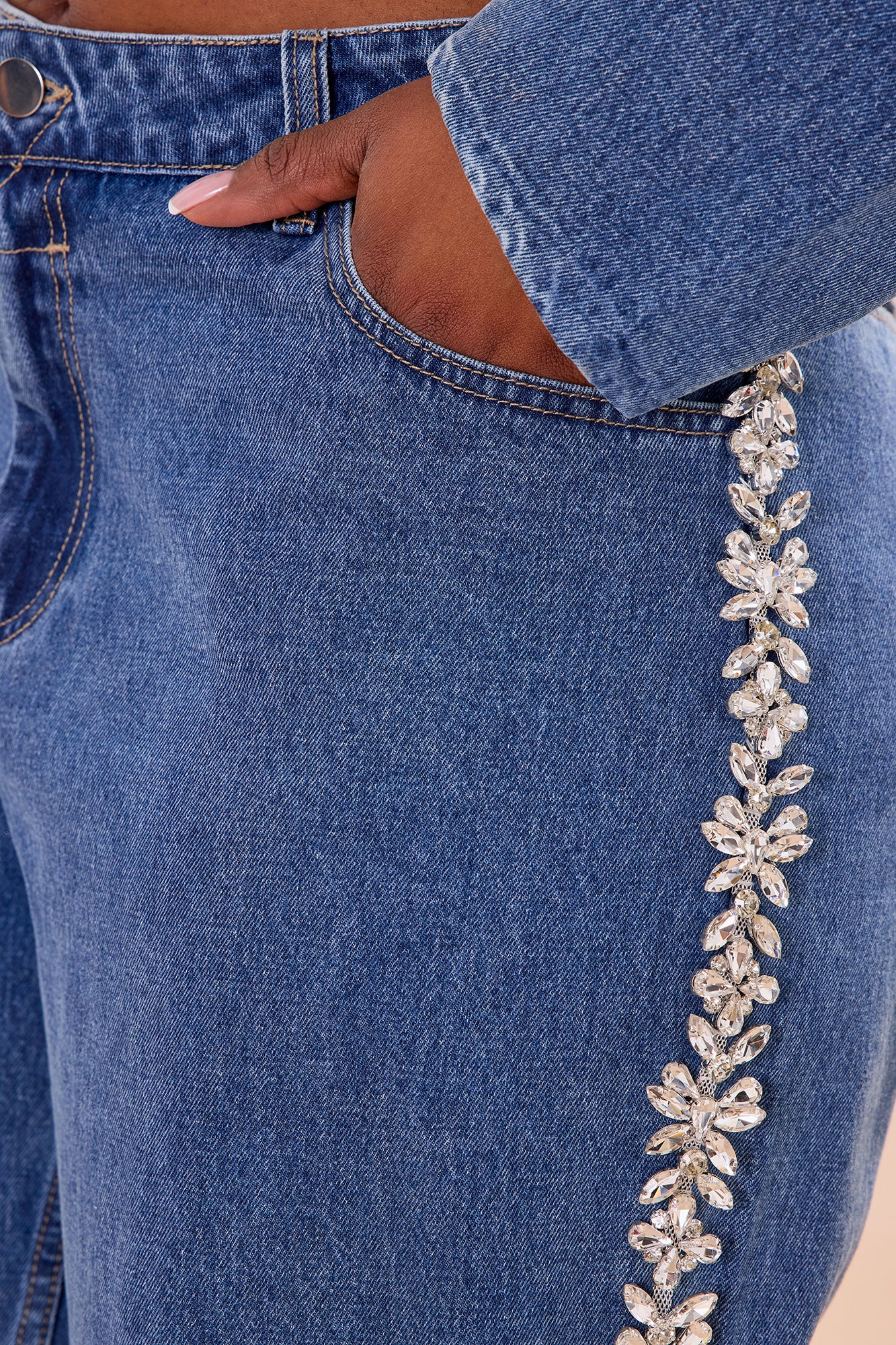 Came To Play Rhinestone Denim Jeans - Vintage Wash