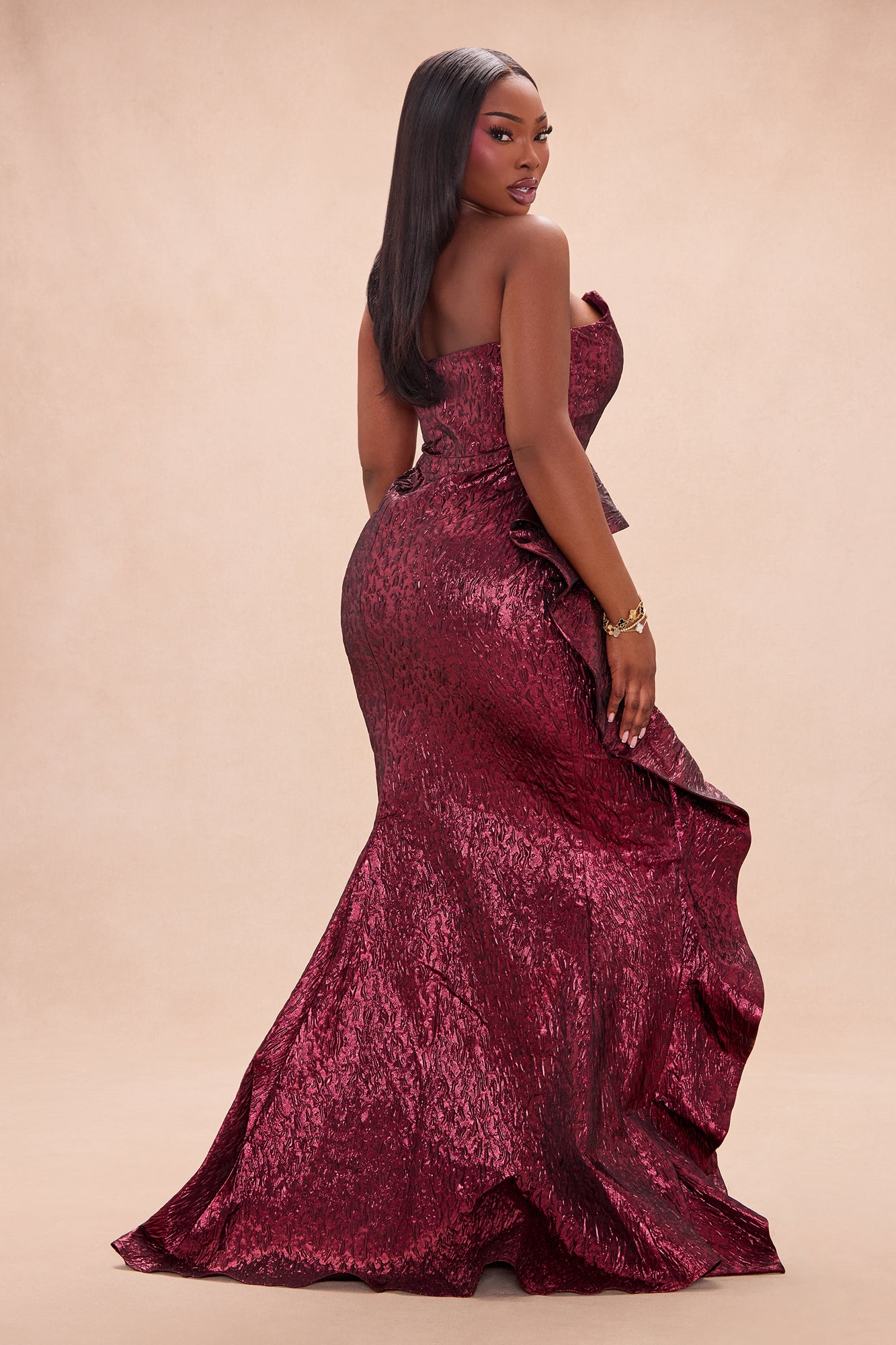 Ciara Peplum Metallic Gown - Burgundy