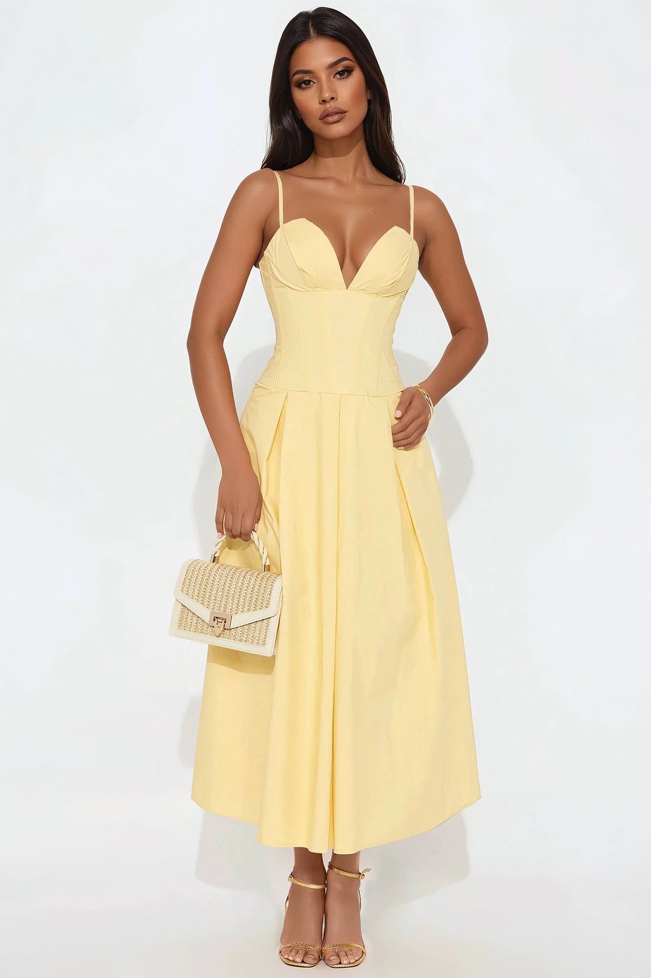Estella Corset Poplin Midi Dress - Butter Yellow