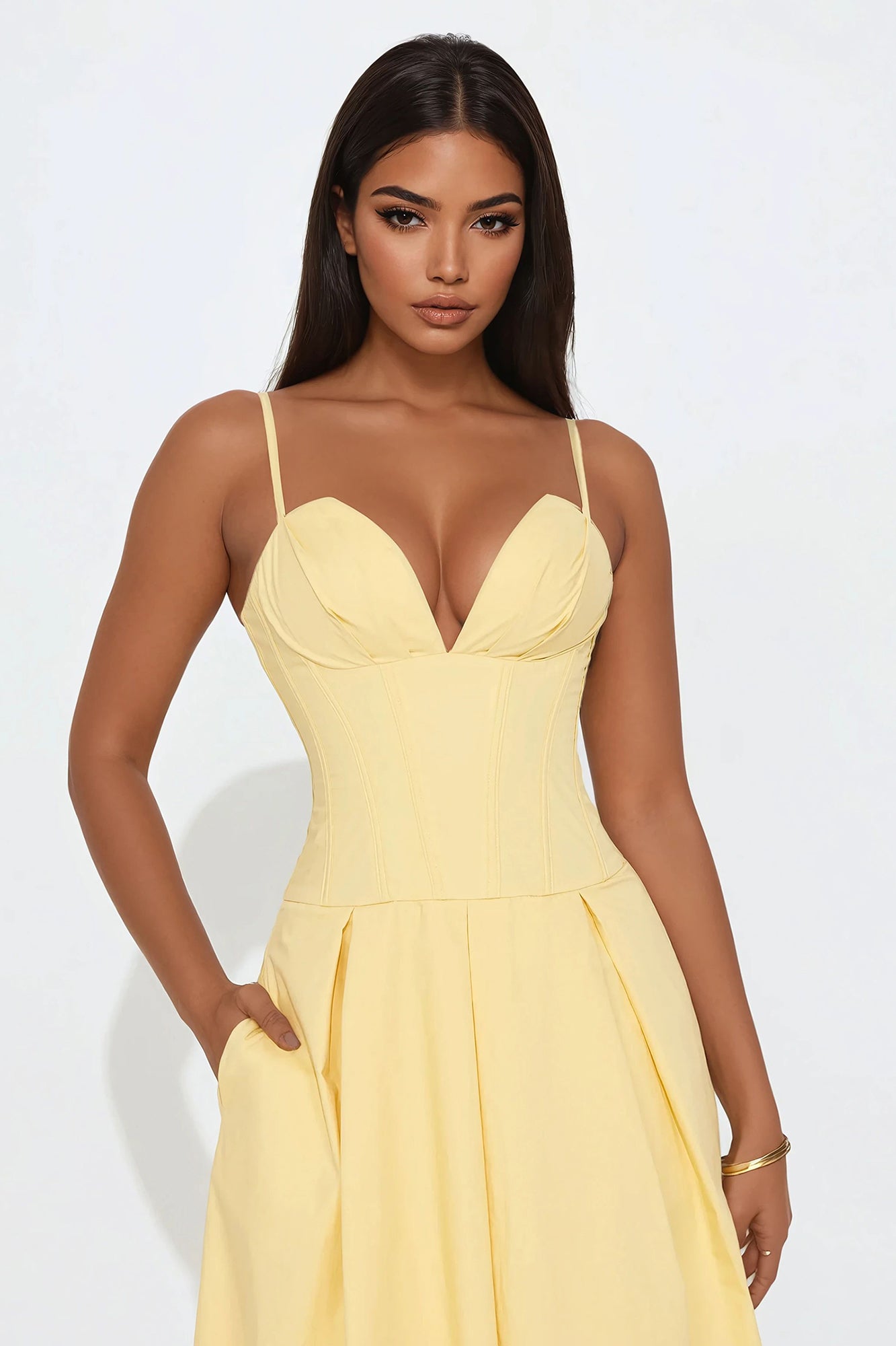 Estella Corset Poplin Midi Dress - Butter Yellow