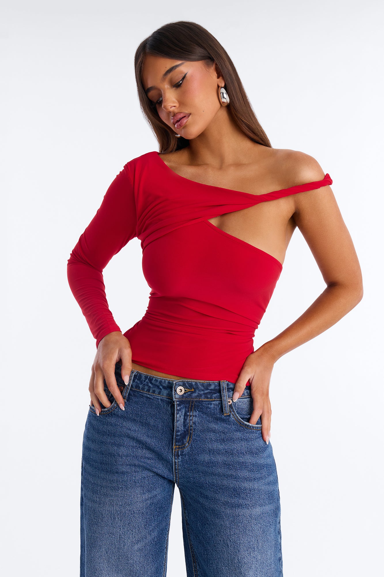 Rachel Off Shoulder Twist Long Sleeve Top - Red