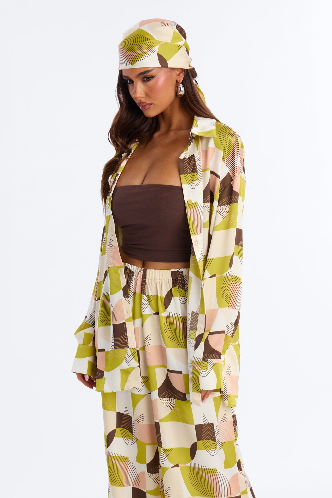 Kelly Satin 3 Piece Wide Leg Pant Set - Green/combo