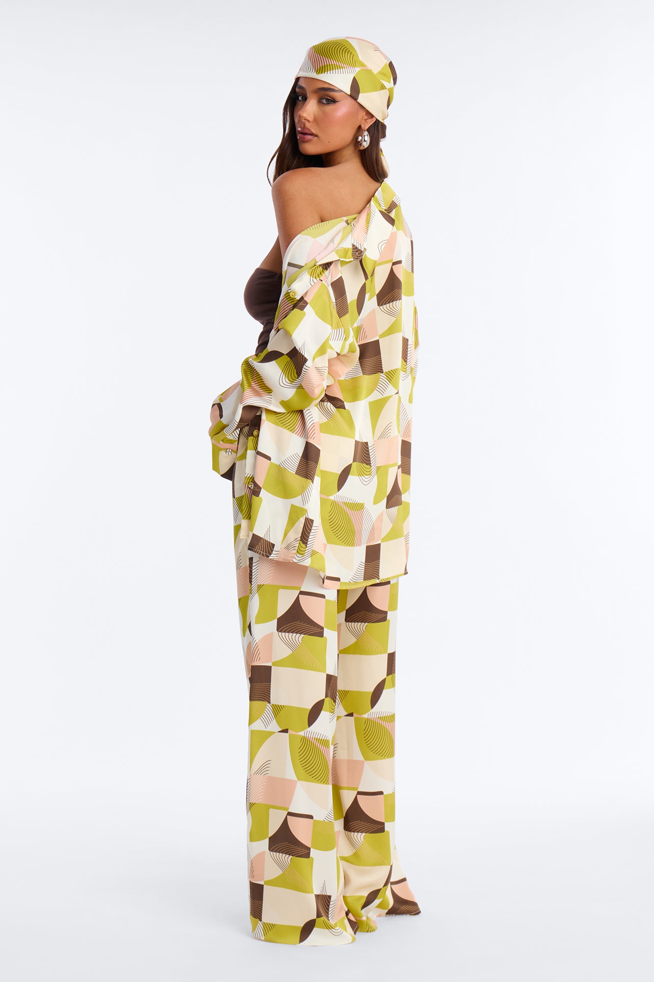 Kelly Satin 3 Piece Wide Leg Pant Set - Green/combo