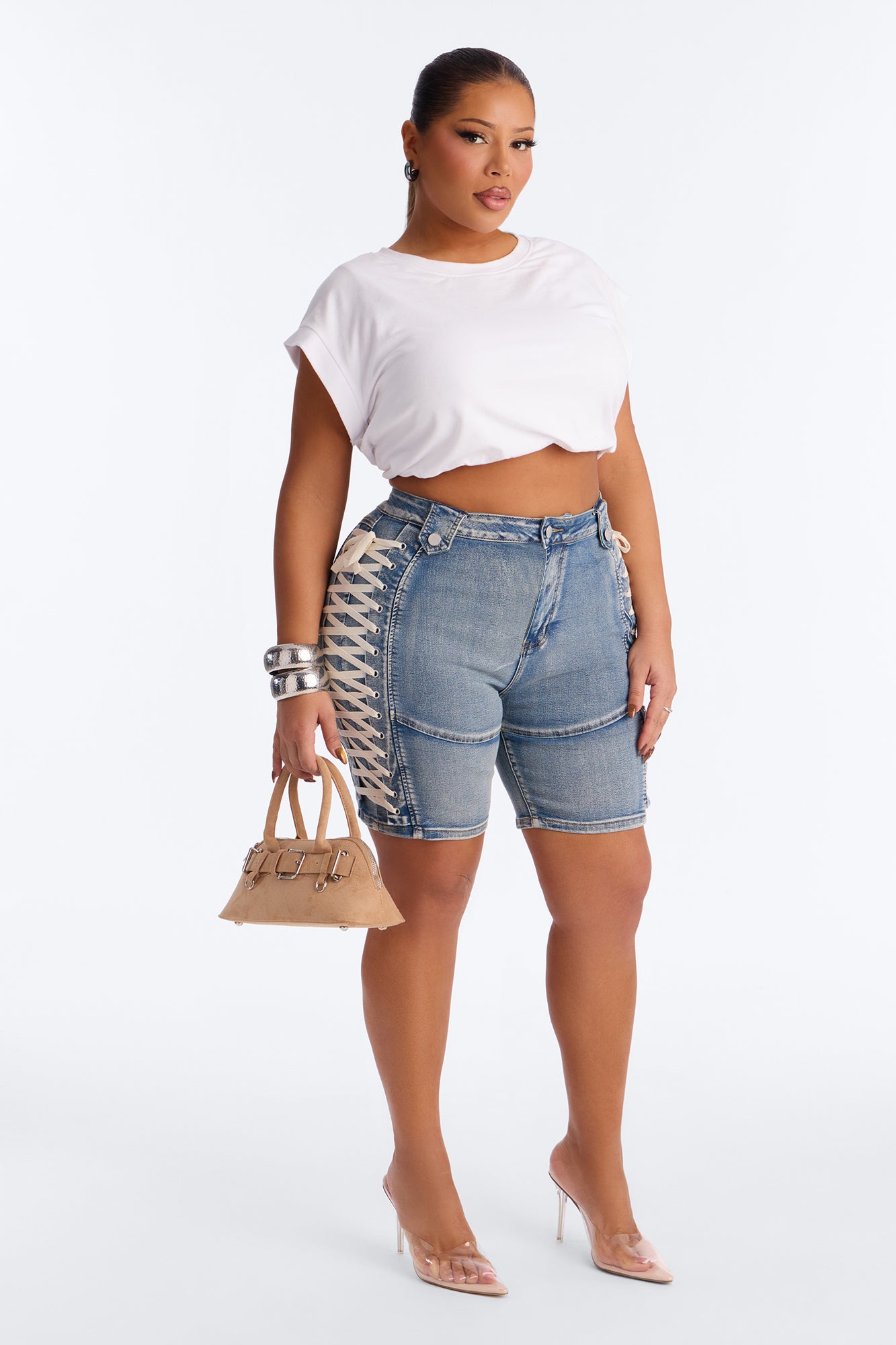 Jaw Dropper Stretch Lace Up Denim Bermuda Shorts - Medium Wash