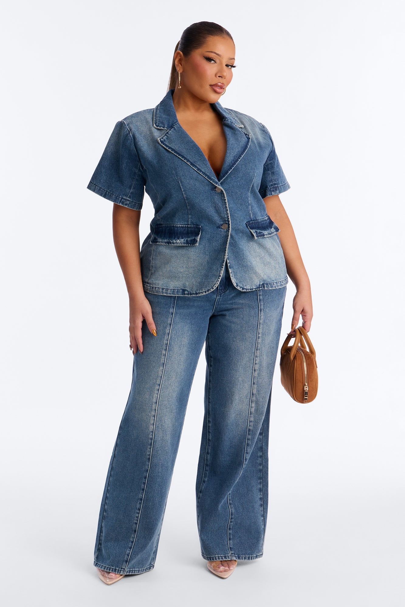 Lisa Short Sleeve Denim Blazer Pant Set - Denim
