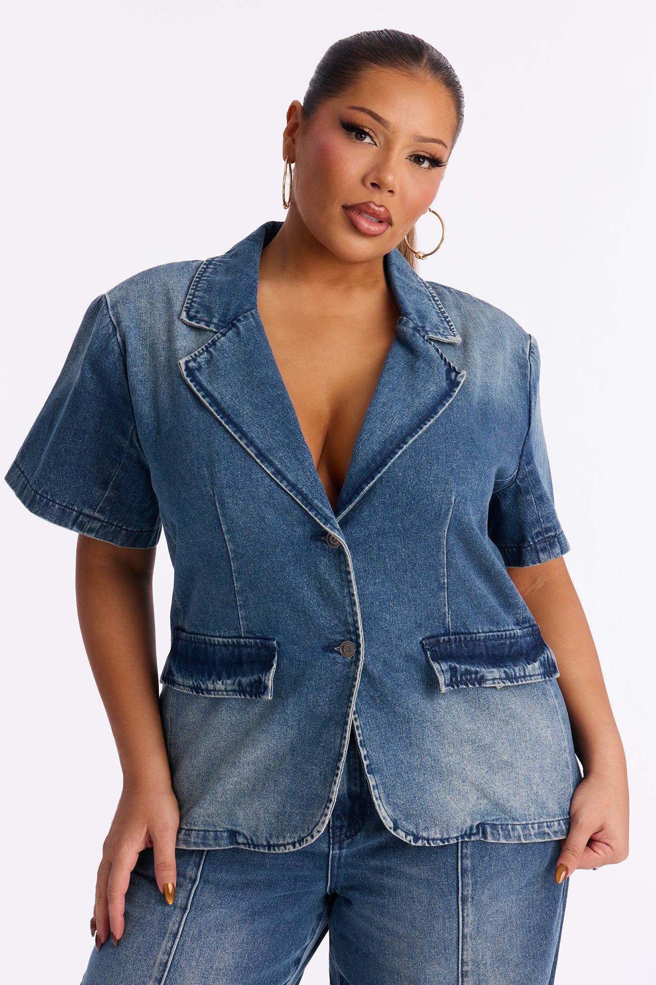 Lisa Short Sleeve Denim Blazer Pant Set - Denim