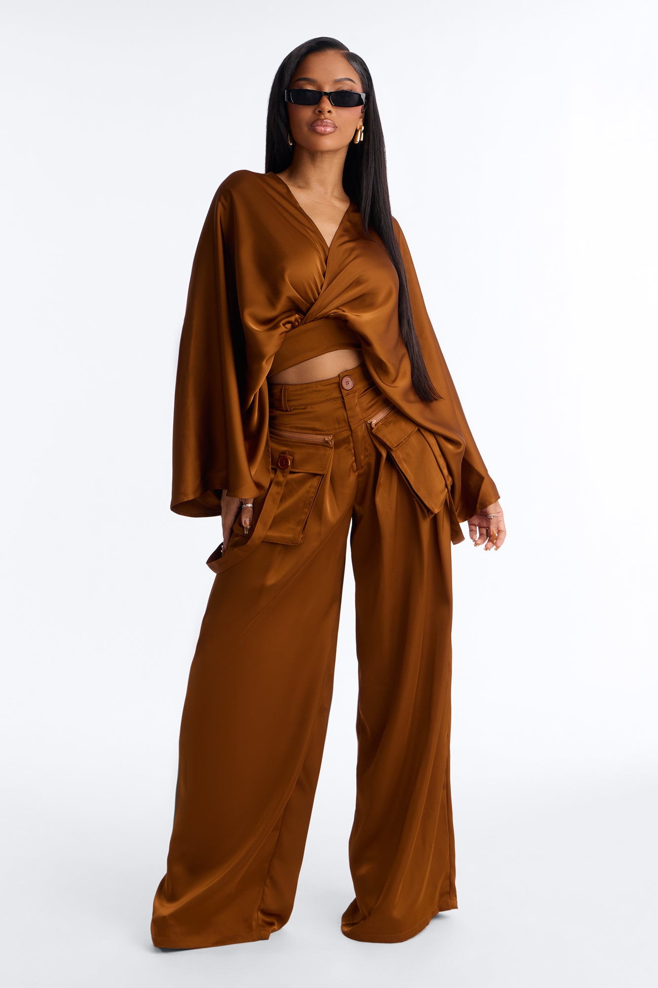 Farrah Satin Cargo Pant Set - Bronze