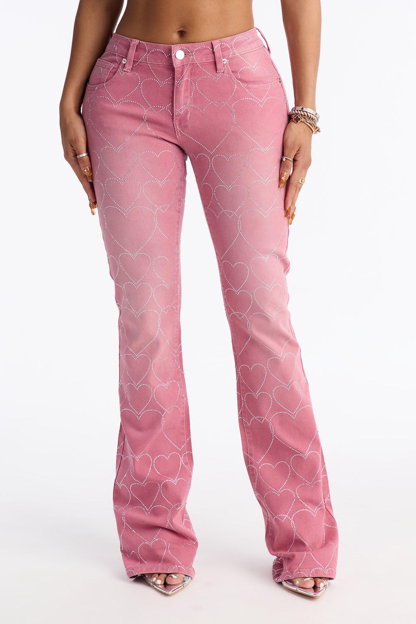 Breaking My Heart Low Rise Embellished Jeans - Rose