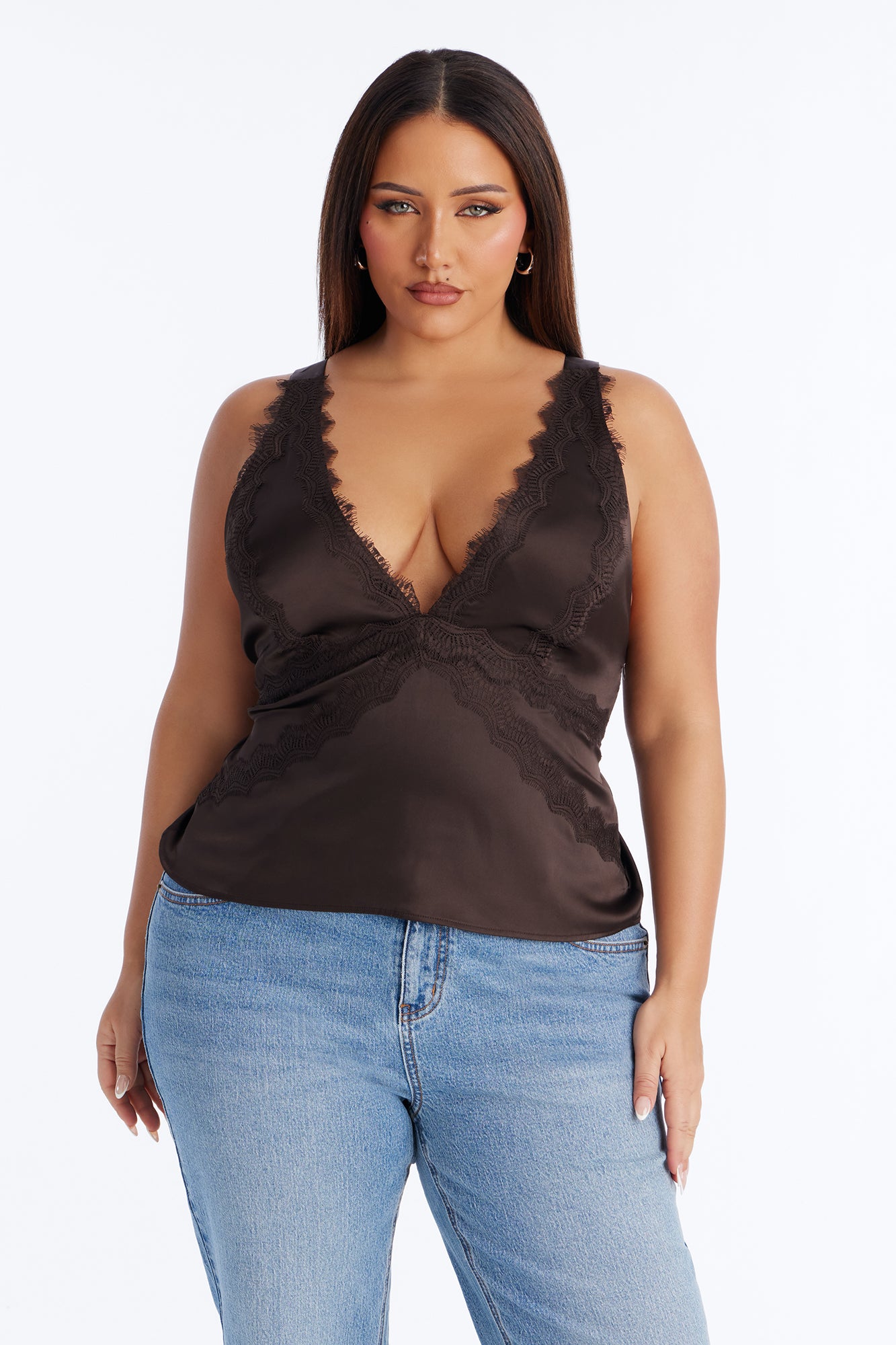 Show Me Better Lace Trim Satin Top - Chocolate