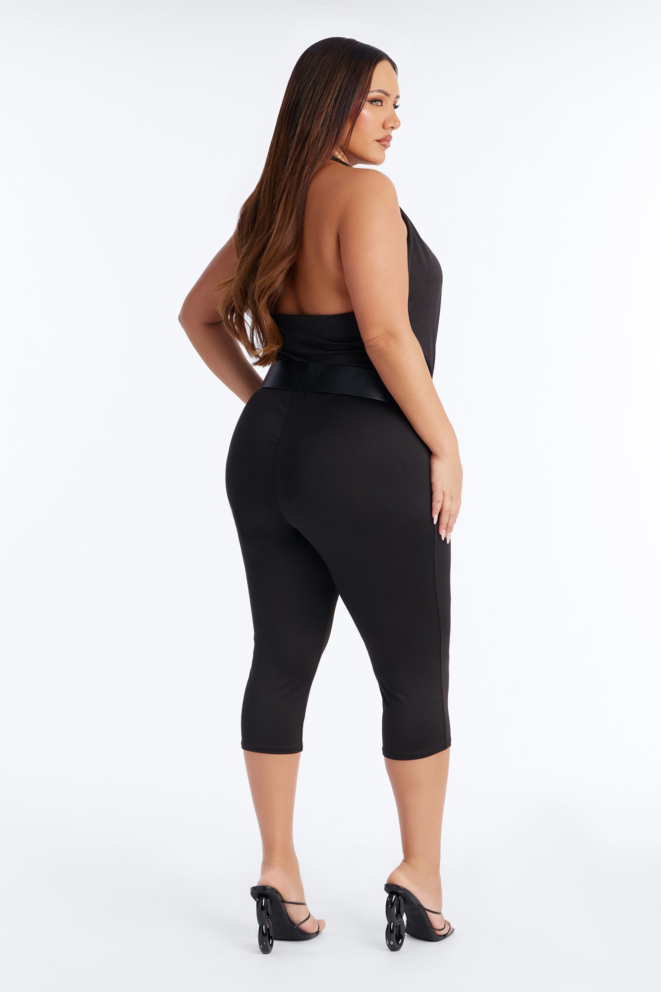 Marla Backless Belted Capri Catsuit - Black