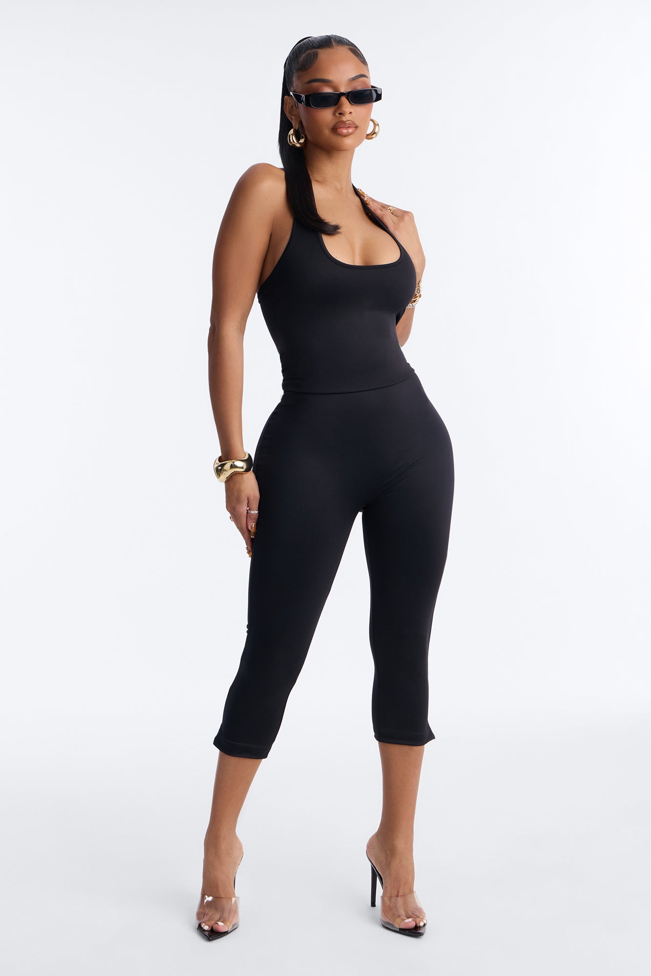 Contour Double Lined Halter Capri Jumpsuit - Black