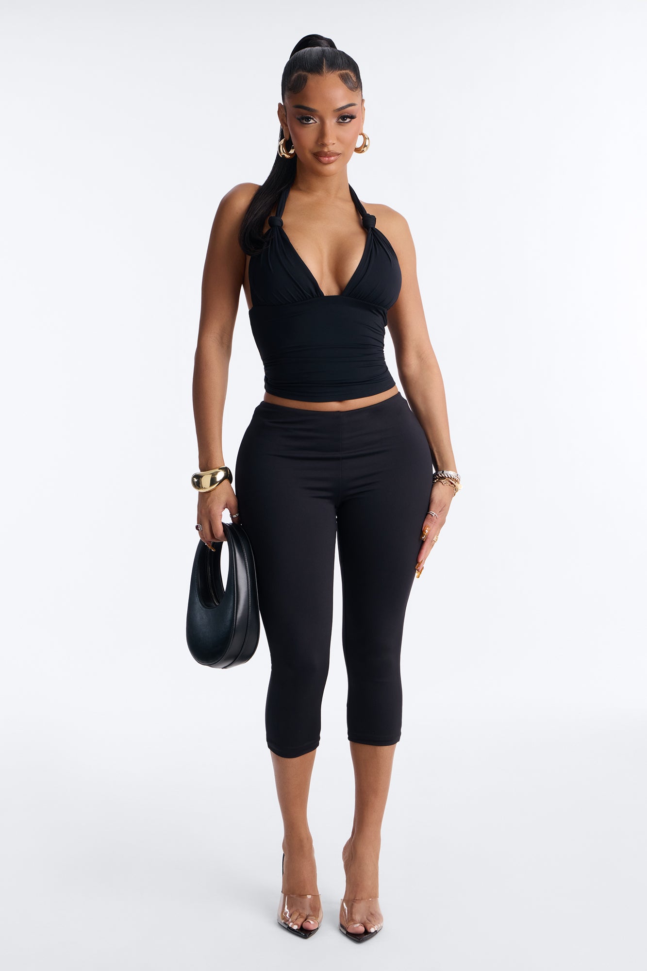 Second Skin Knot Backless Halter Top - Black