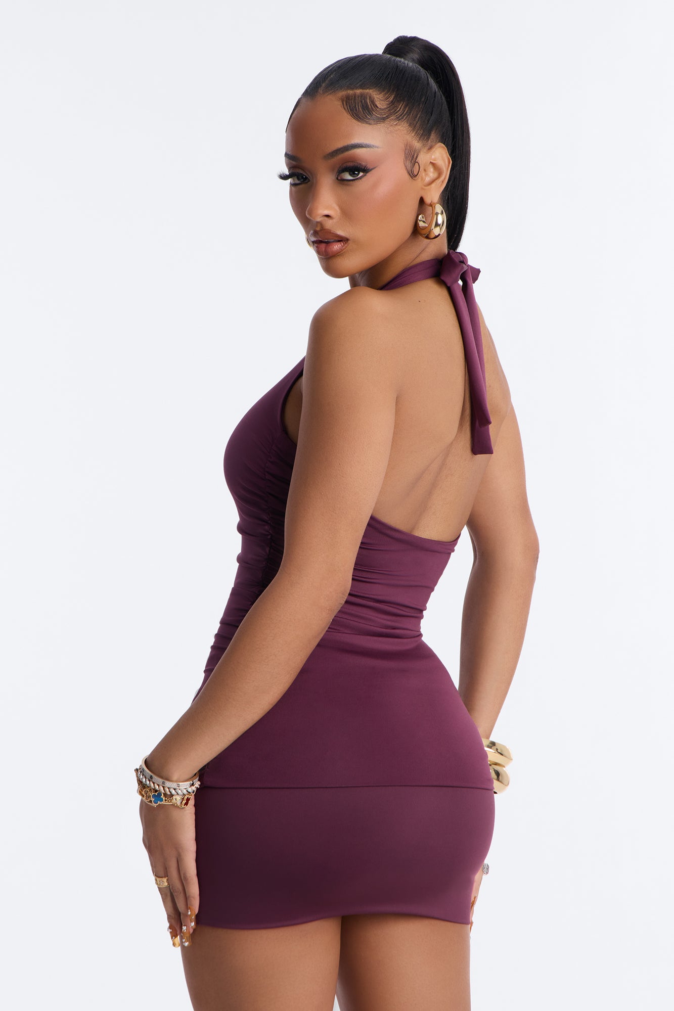 Contour Double Lined Ruched Backless Halter Top - Plum