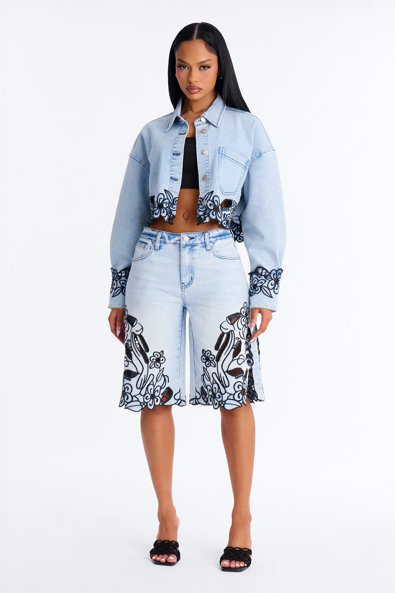 Madeira Embroidered Denim Shacket - Light Wash