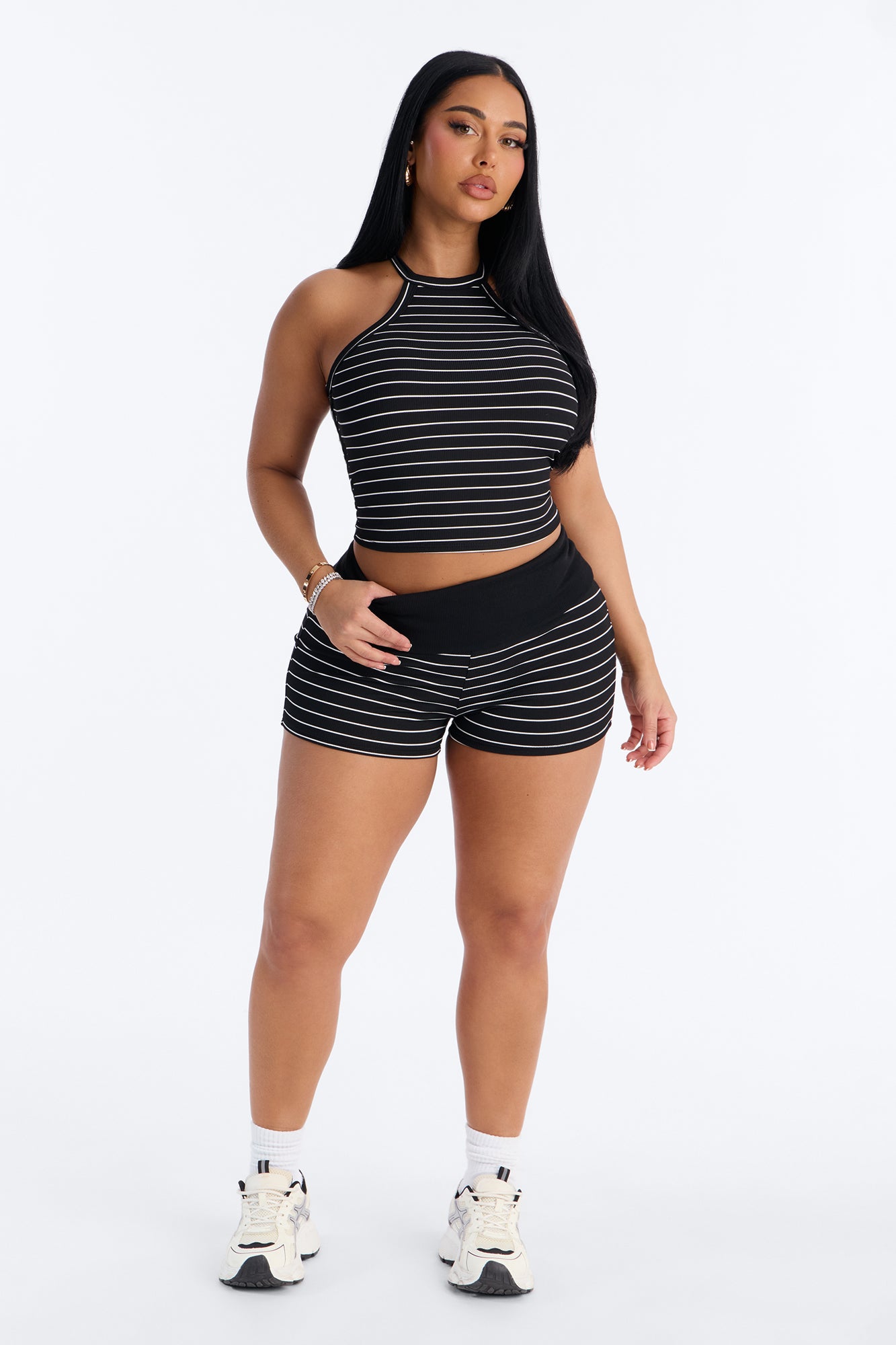 Kira Ribbed Stipe Short Set - Black
