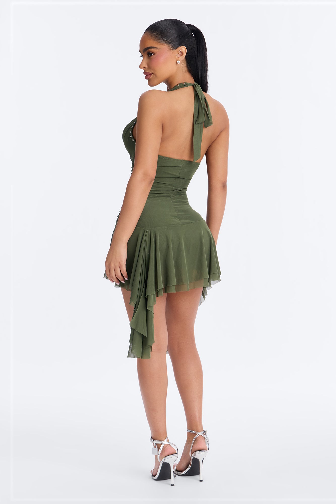 Alessandra Studded Mesh Mini Dress - Olive