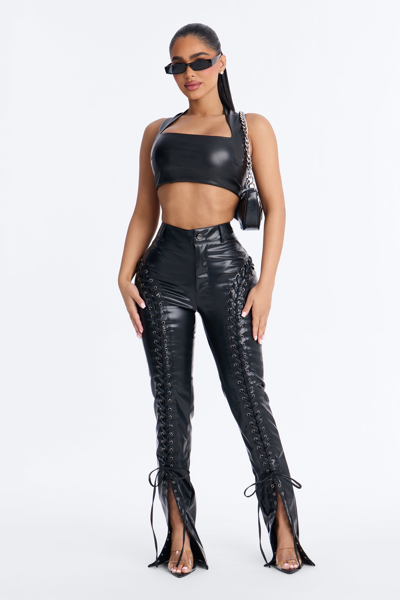 Lace Me Up Low Rise Faux Leather Flare Pant 33″ - Black