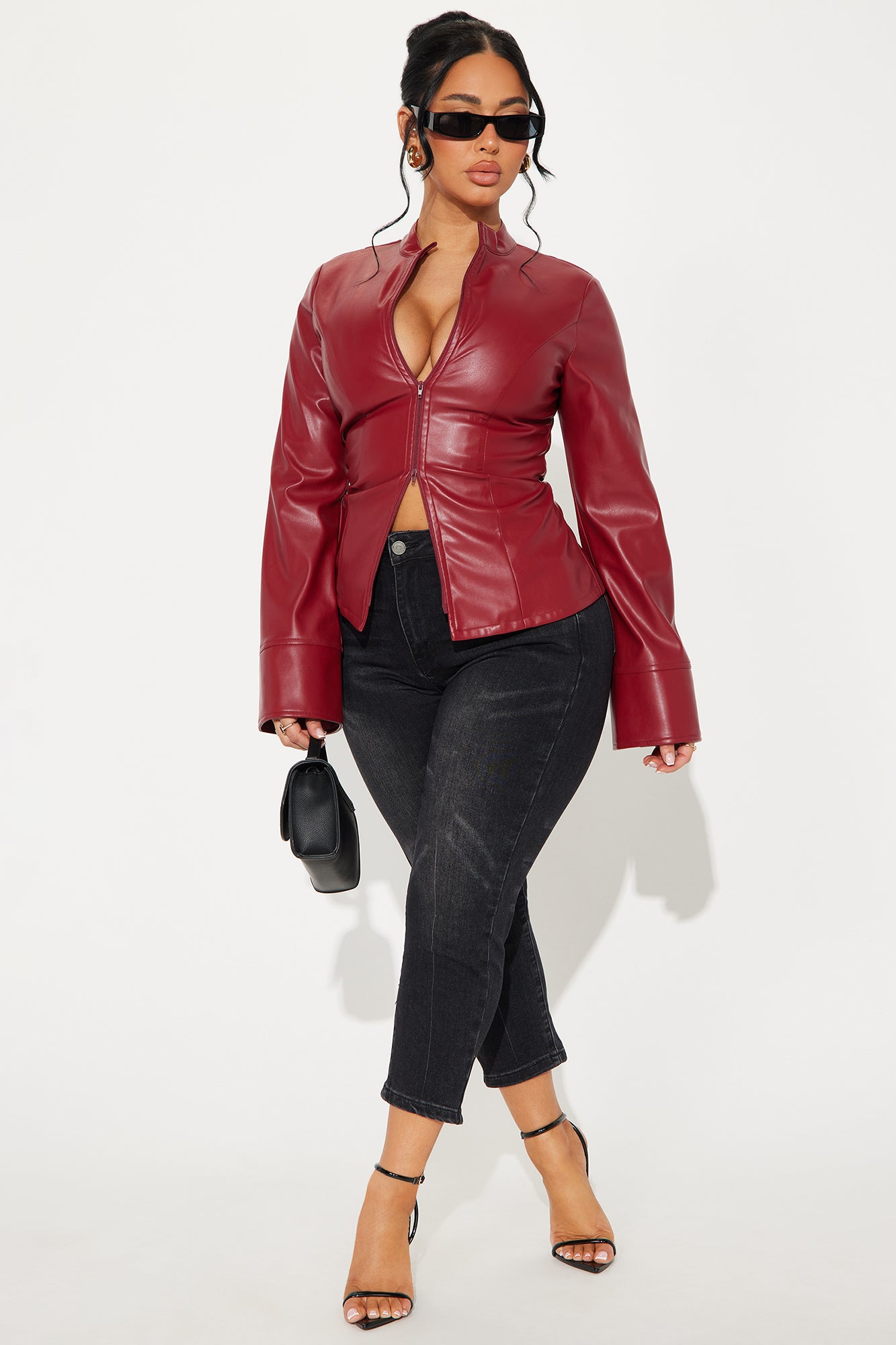 Kara Faux Leather Zip Up Shirt - Burgundy