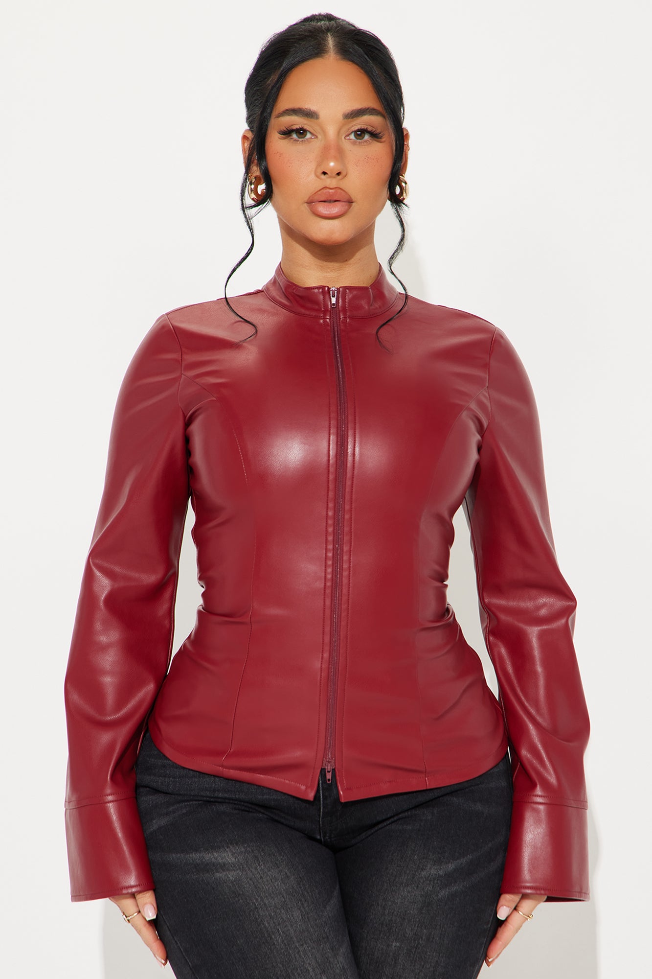 Kara Faux Leather Zip Up Shirt - Burgundy