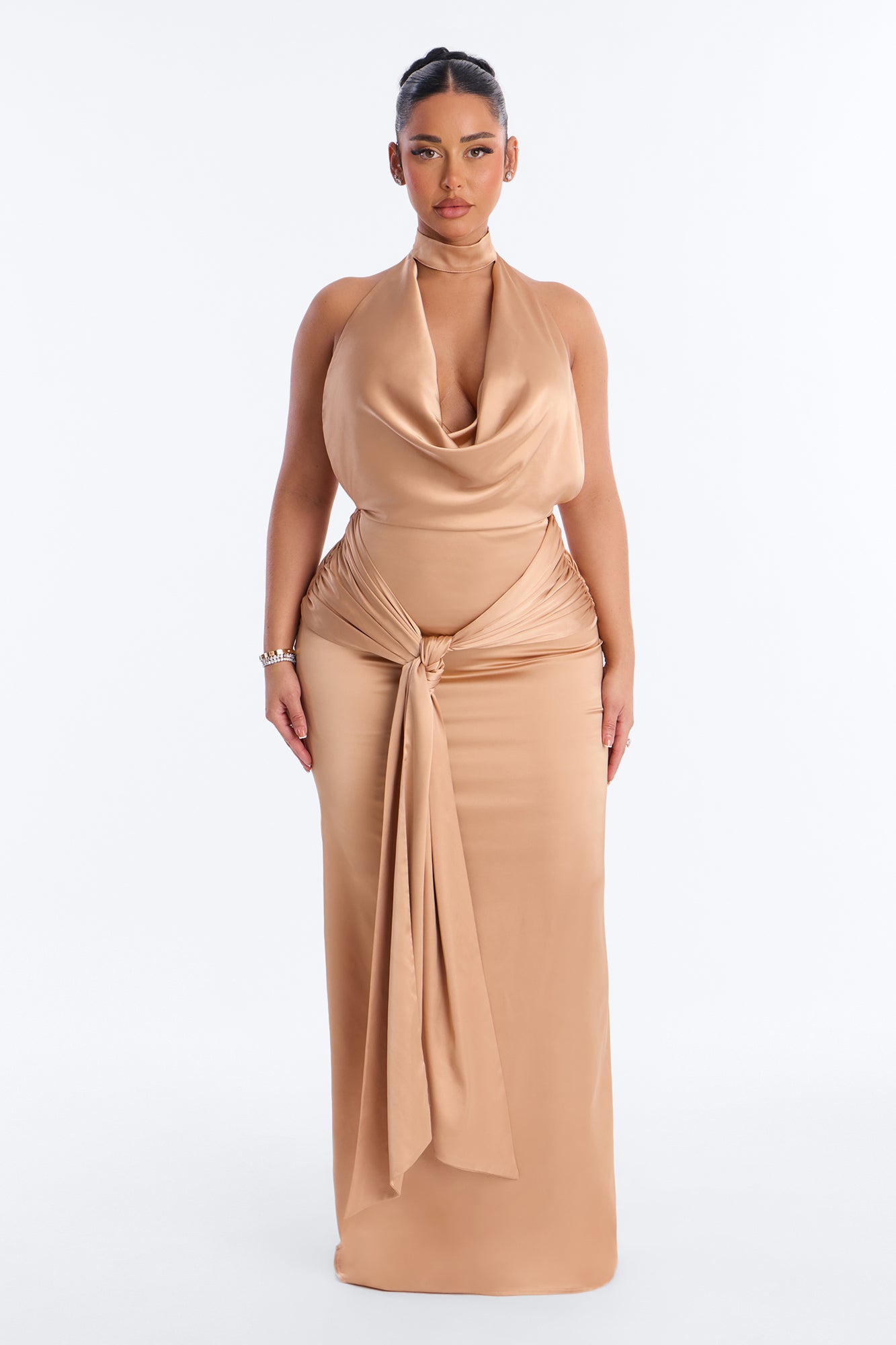 Ayla Draped Backless Satin Gown - Taupe