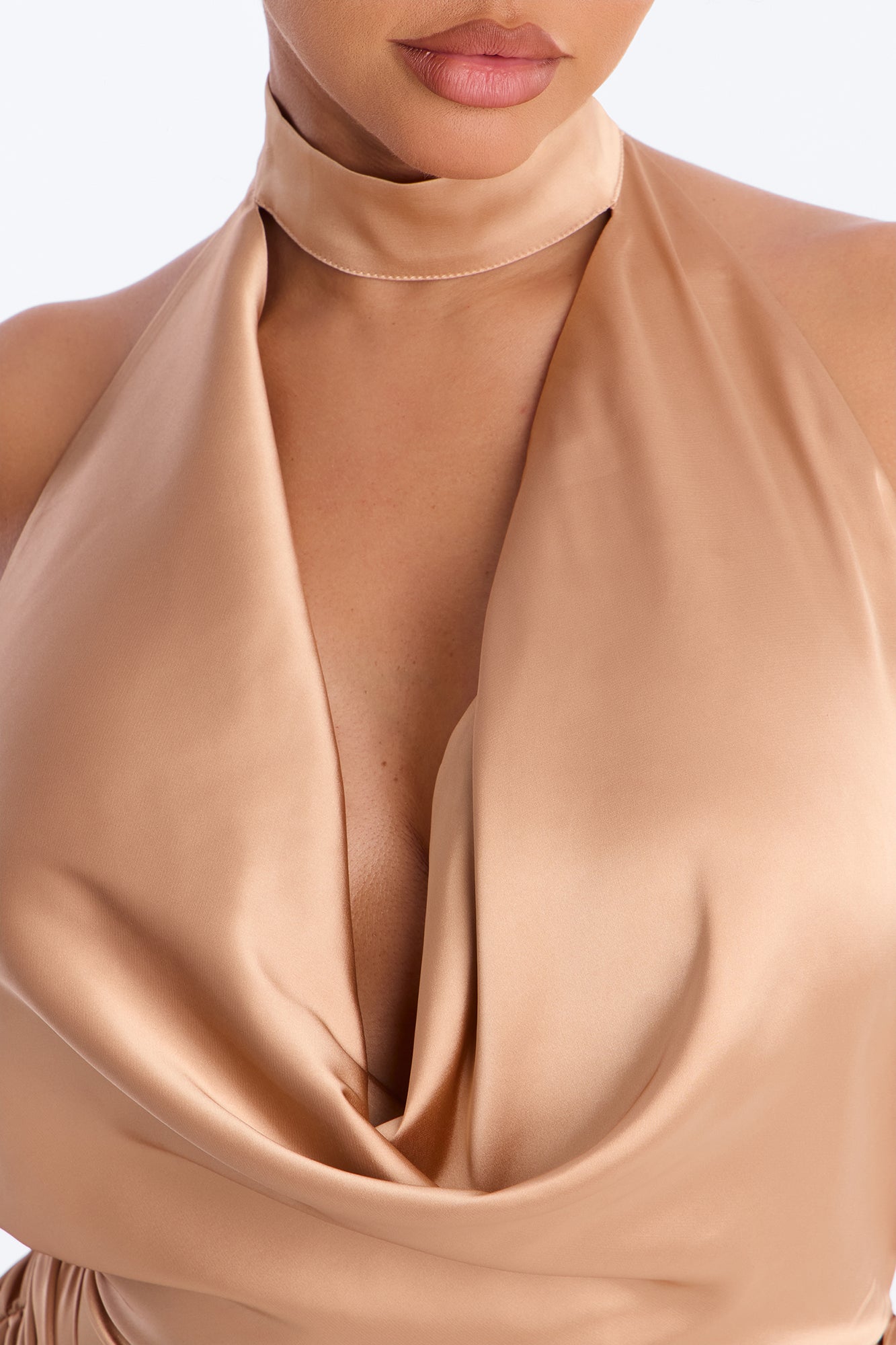 Ayla Draped Backless Satin Gown - Taupe