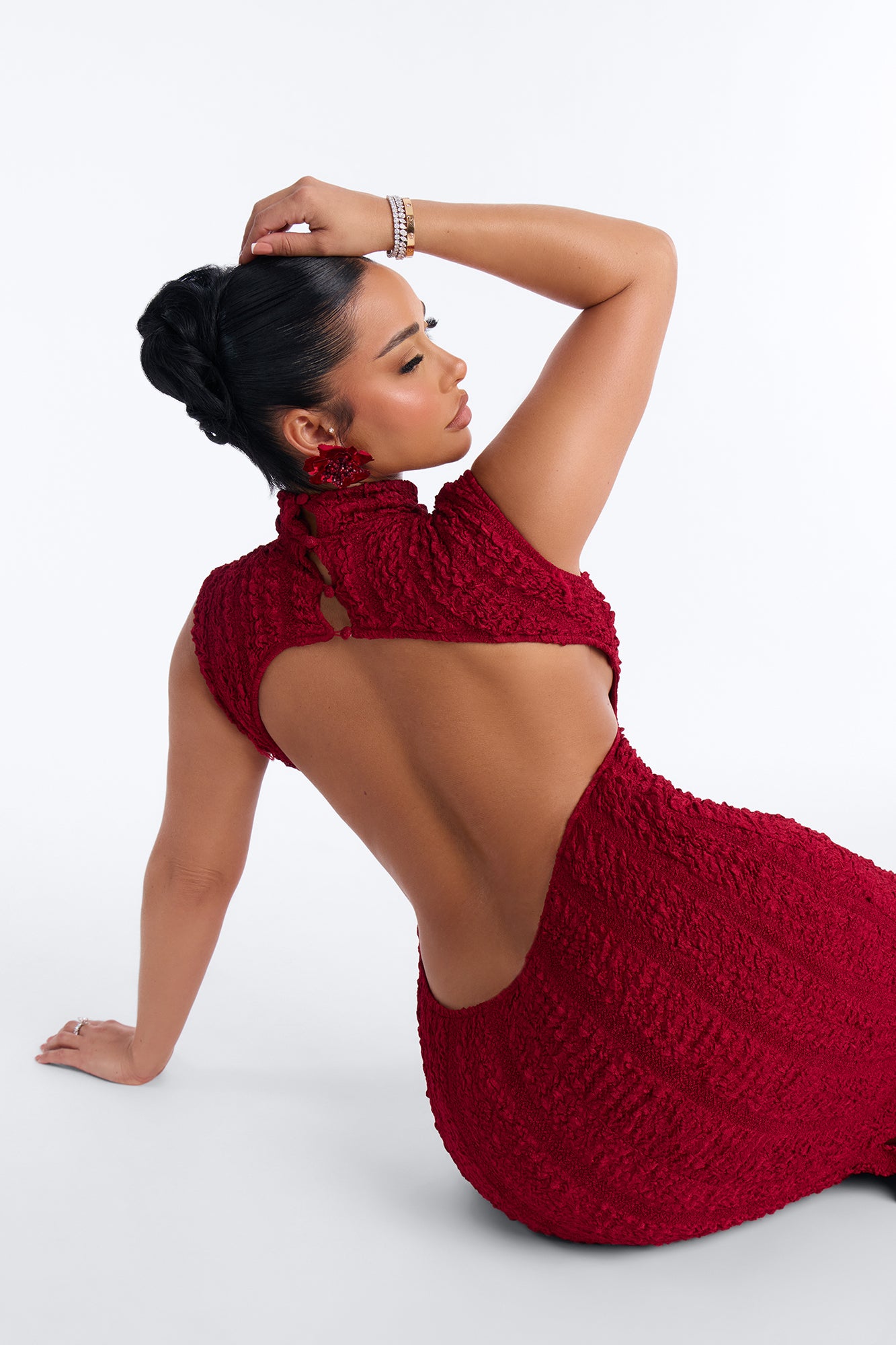 Amaya Backless Textured Midi Dress - Wine