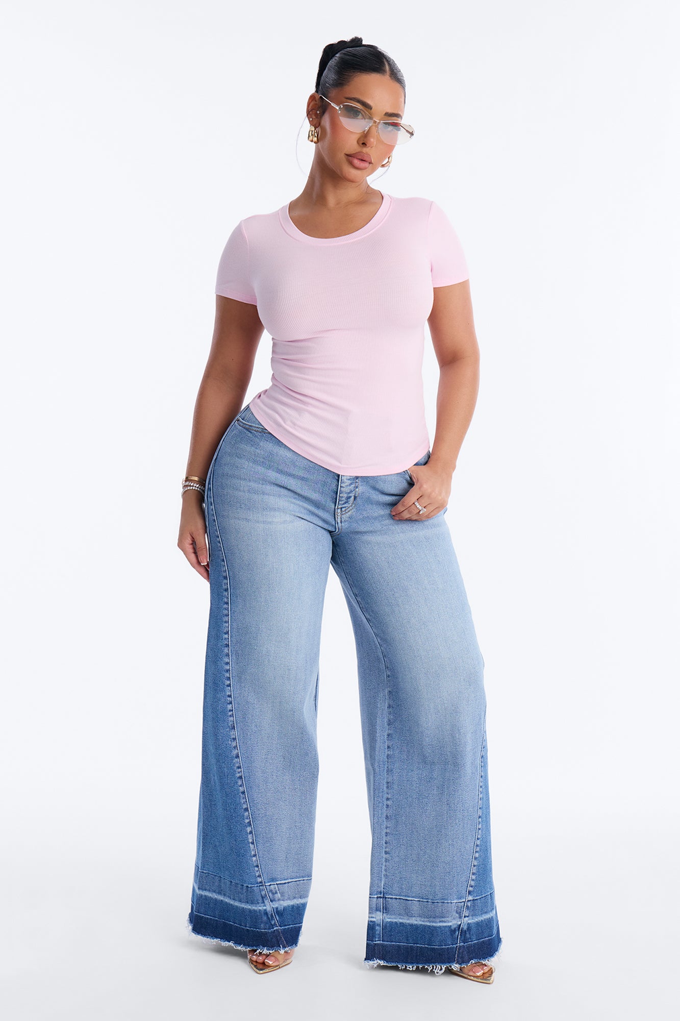 Cassie Basic Ribbed Crew Neck Top - Light Pink