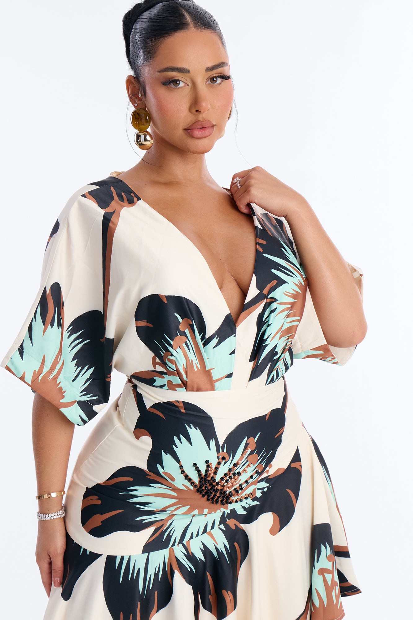 Marlene Short Sleeve Satin Maxi Dress - Ivory/combo