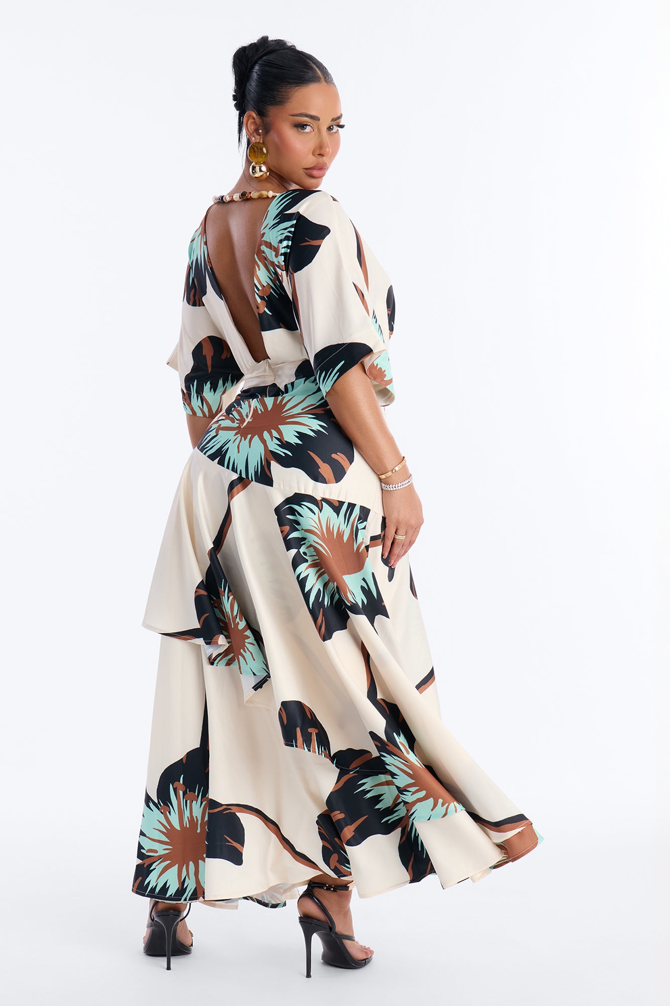 Marlene Short Sleeve Satin Maxi Dress - Ivory/combo