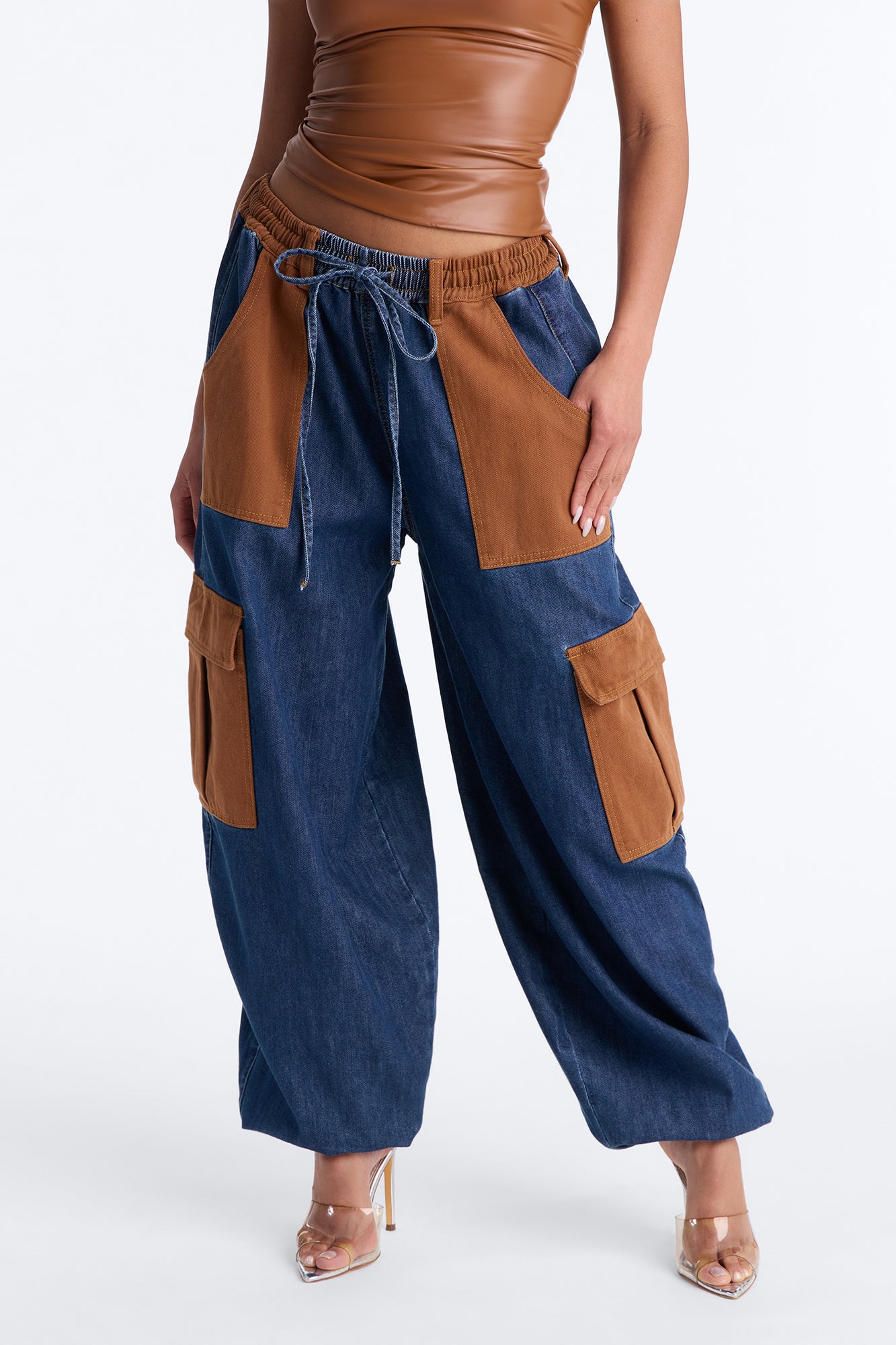 Remix Tie Waist Loose Cargo Jeans - Dark Wash