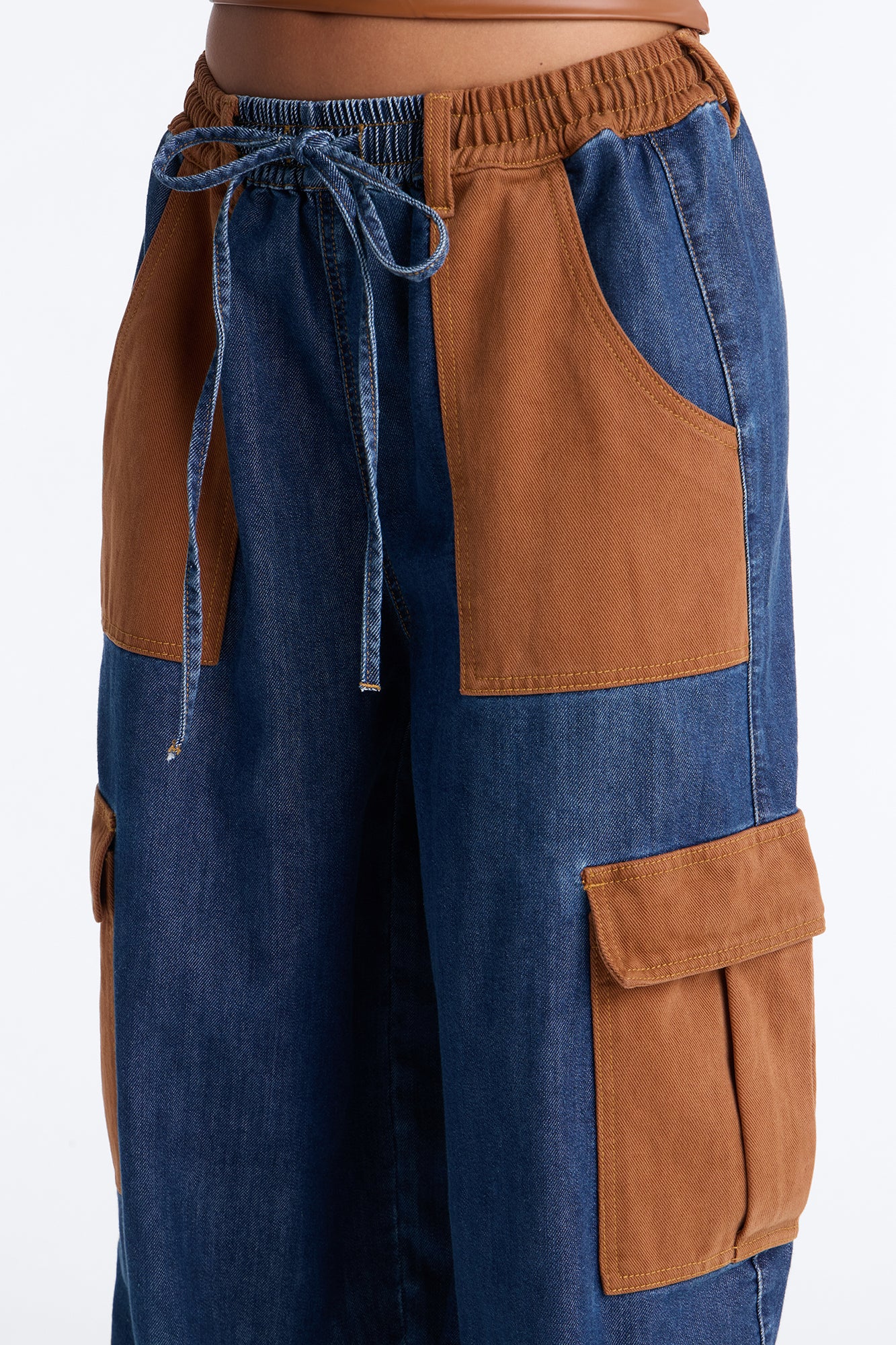 Remix Tie Waist Loose Cargo Jeans - Dark Wash