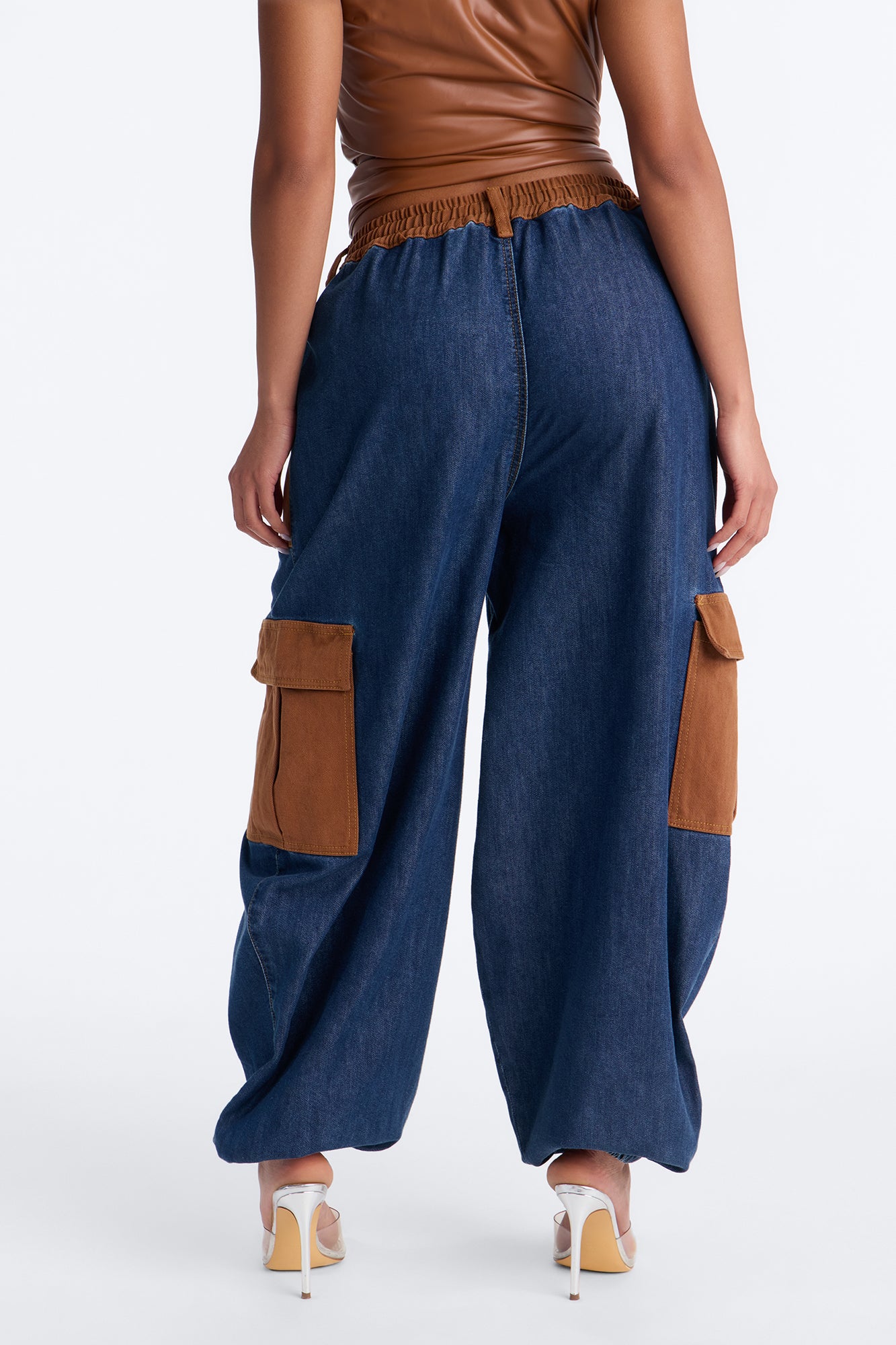 Remix Tie Waist Loose Cargo Jeans - Dark Wash