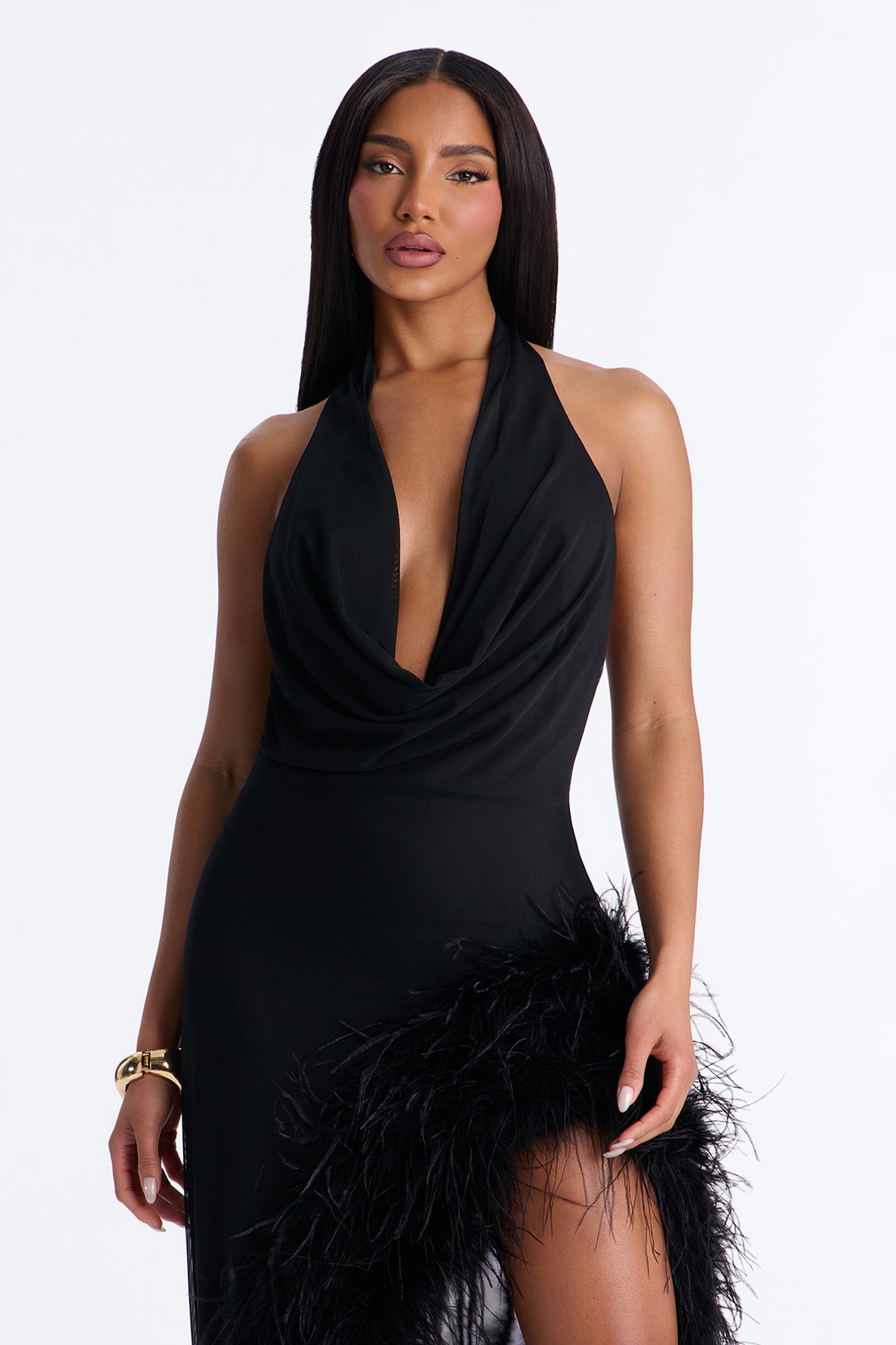Flirt Mode Feather Mesh Maxi Dress - Black