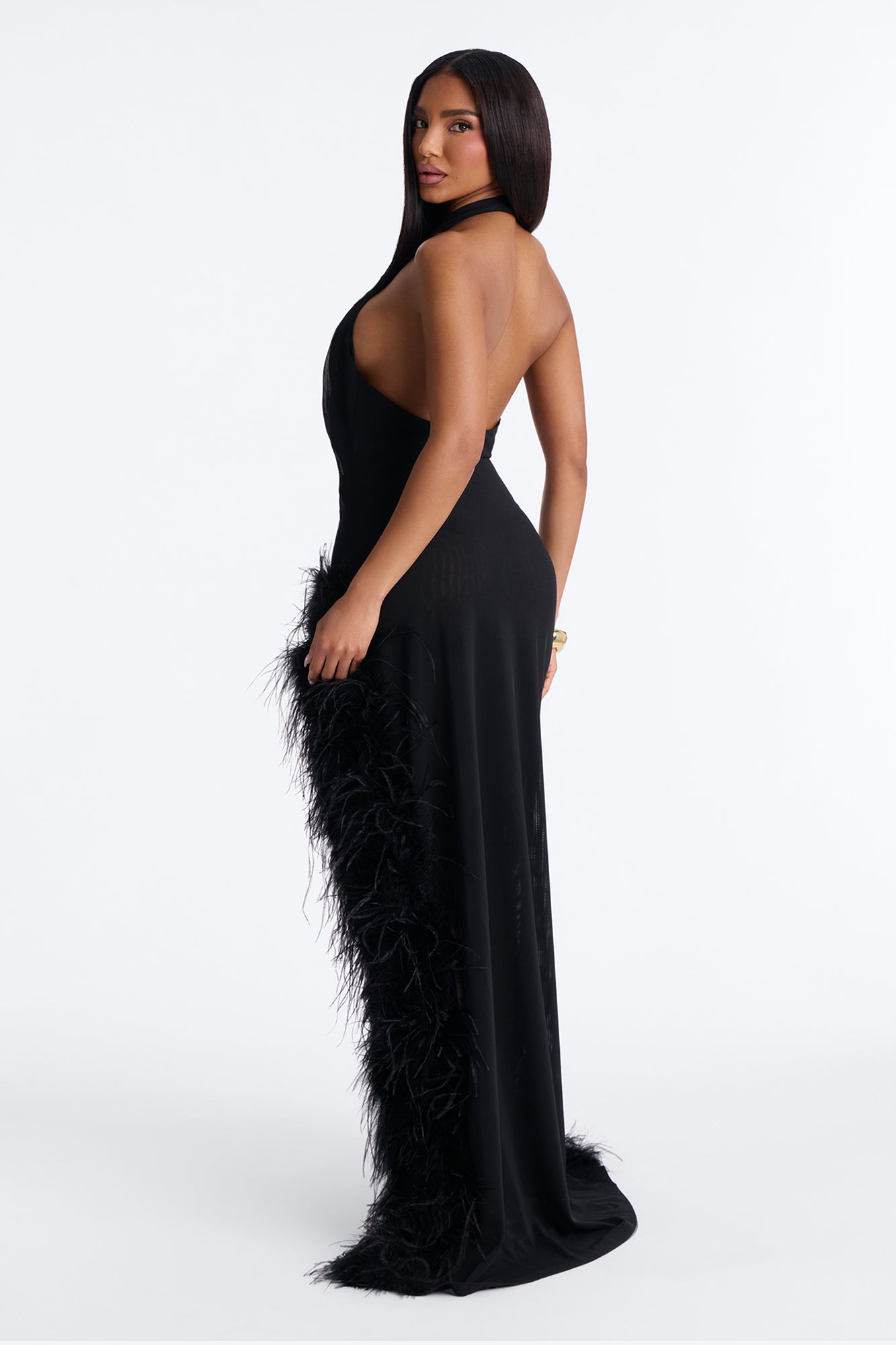 Flirt Mode Feather Mesh Maxi Dress - Black