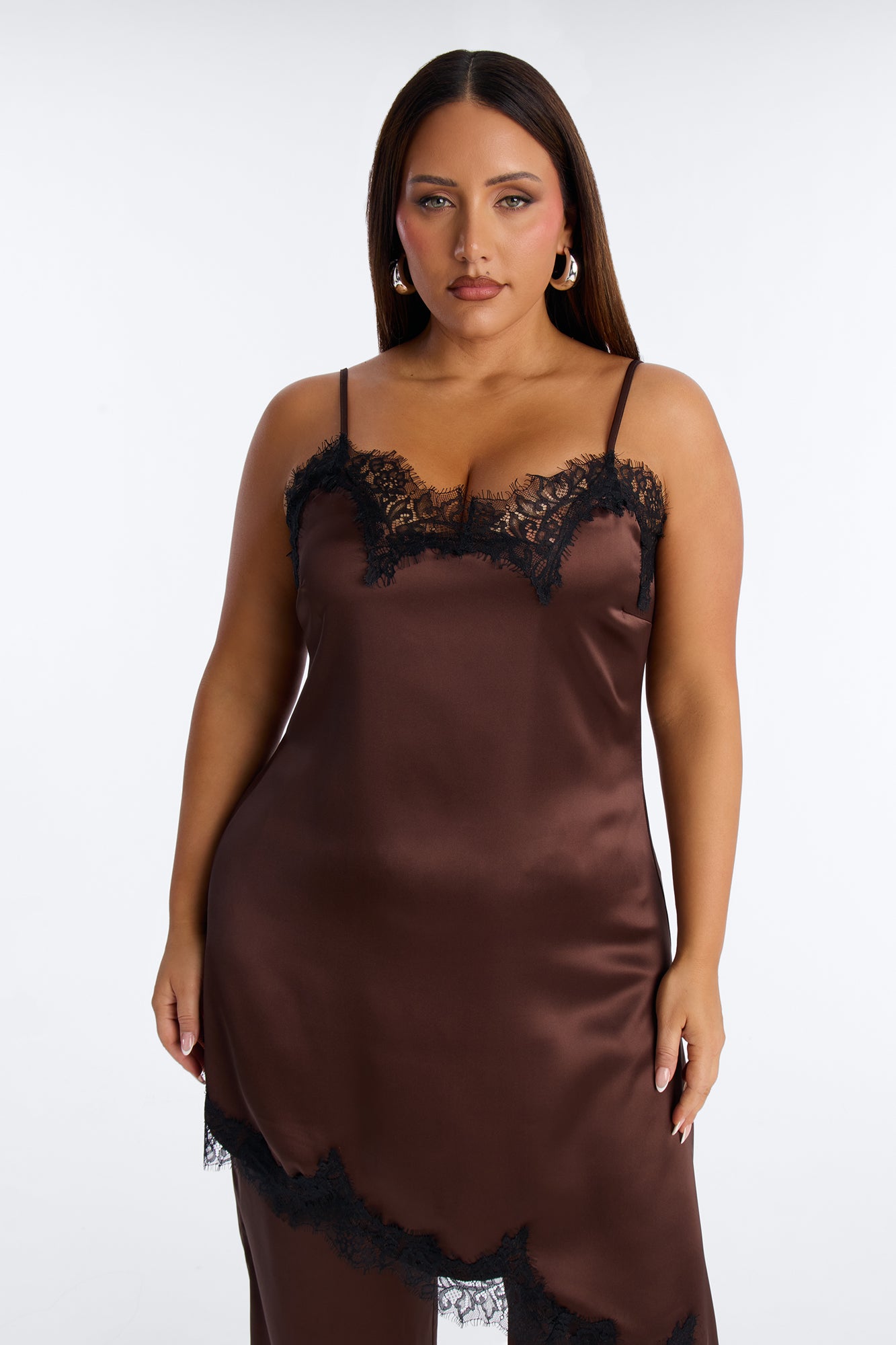 Arya Laced Satin Pant Set - Chocolate