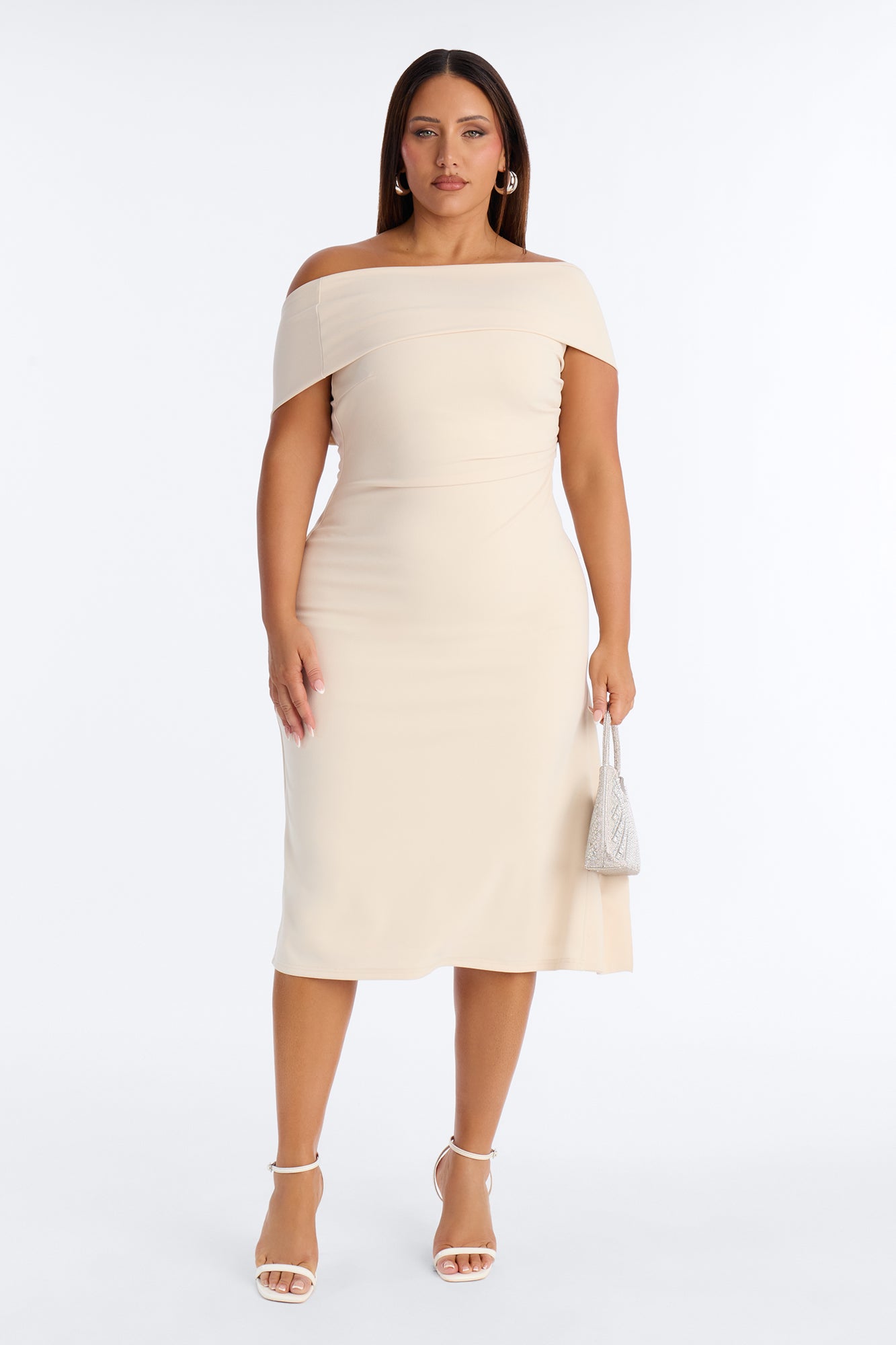 Millie One Shoulder Crepe Knit Midi Dress - Cream