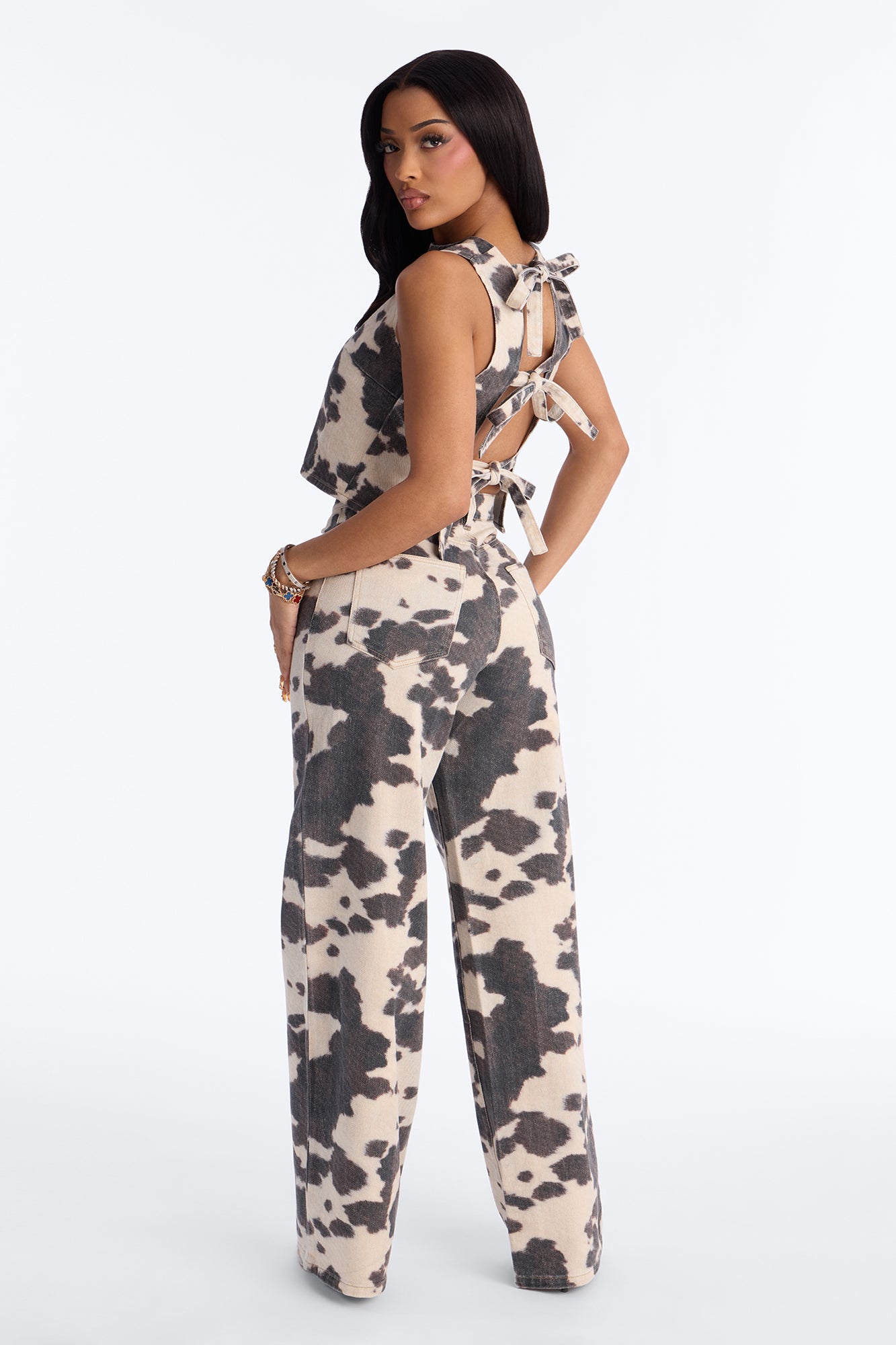 Maya Cow Print Denim Pant Set - Brown/combo