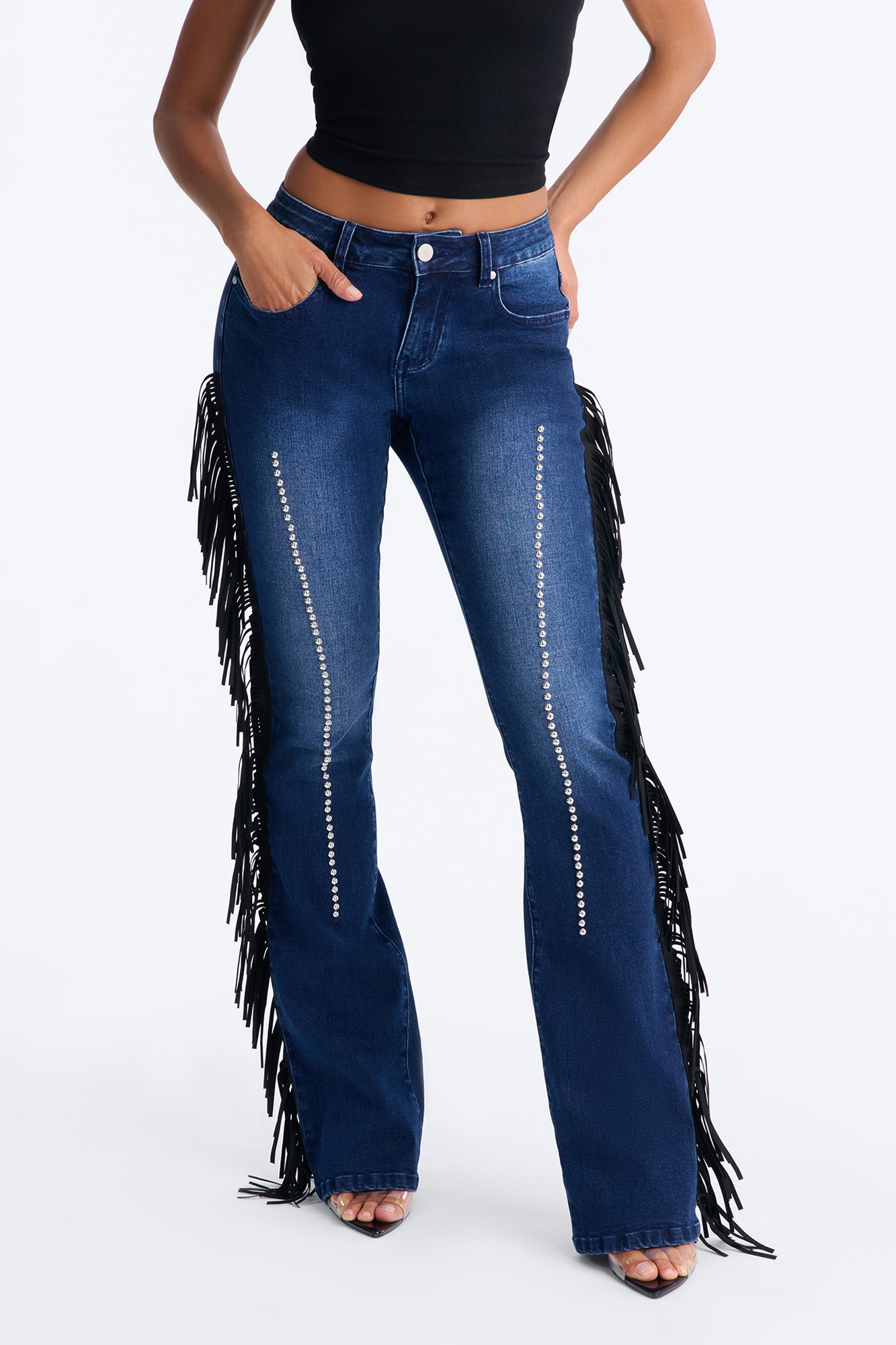 Down West Embellished Fringe Flare Jeans - Dark Wash