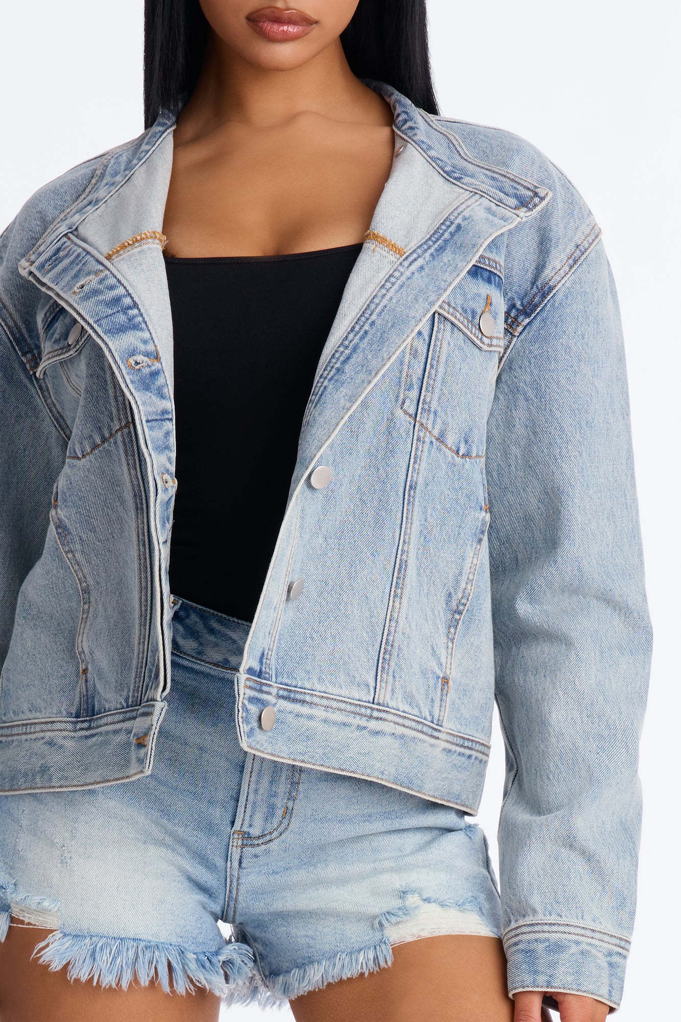 Made The Cover Crossover Denim Trucker Jacket - Medium Wash