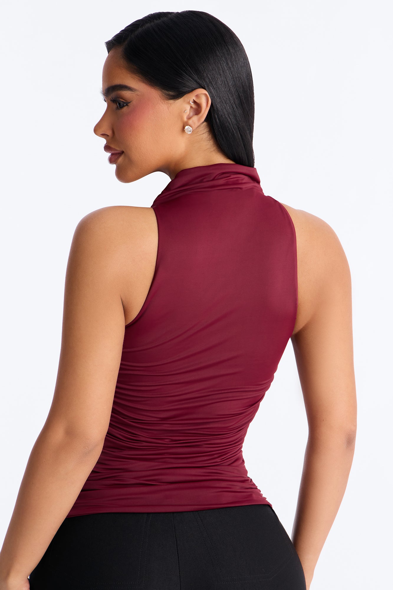 Subtle Intentions Ruched Mock Neck Sleeveless Top - DarkRed