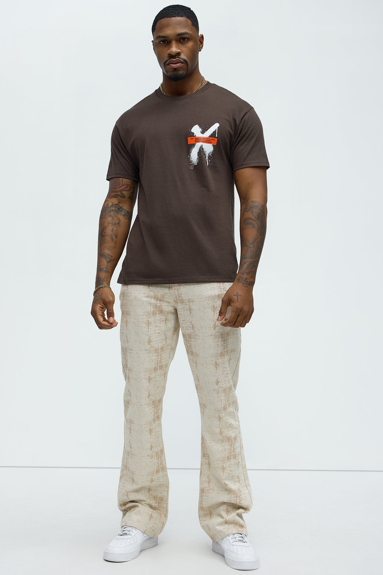 Rough Mark Stacked Slim Flare Pants - Tan