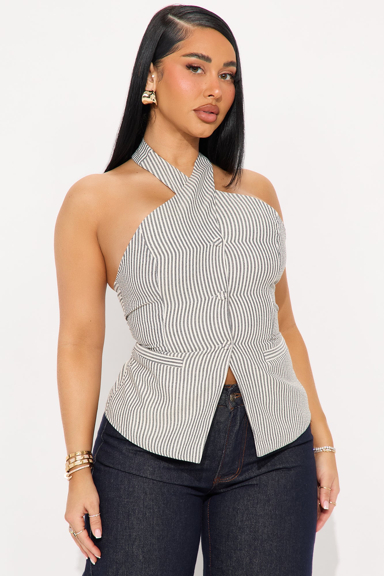 Classic Cutie Striped Linen Vest - Grey/combo