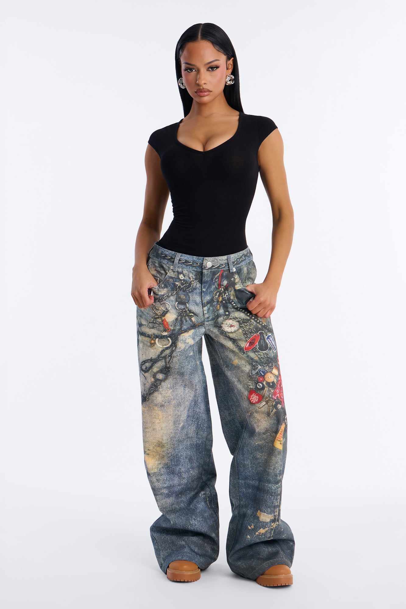 Baddie Essentials Low Rise Graphic Denim Print Pant 33″ - Blue/combo
