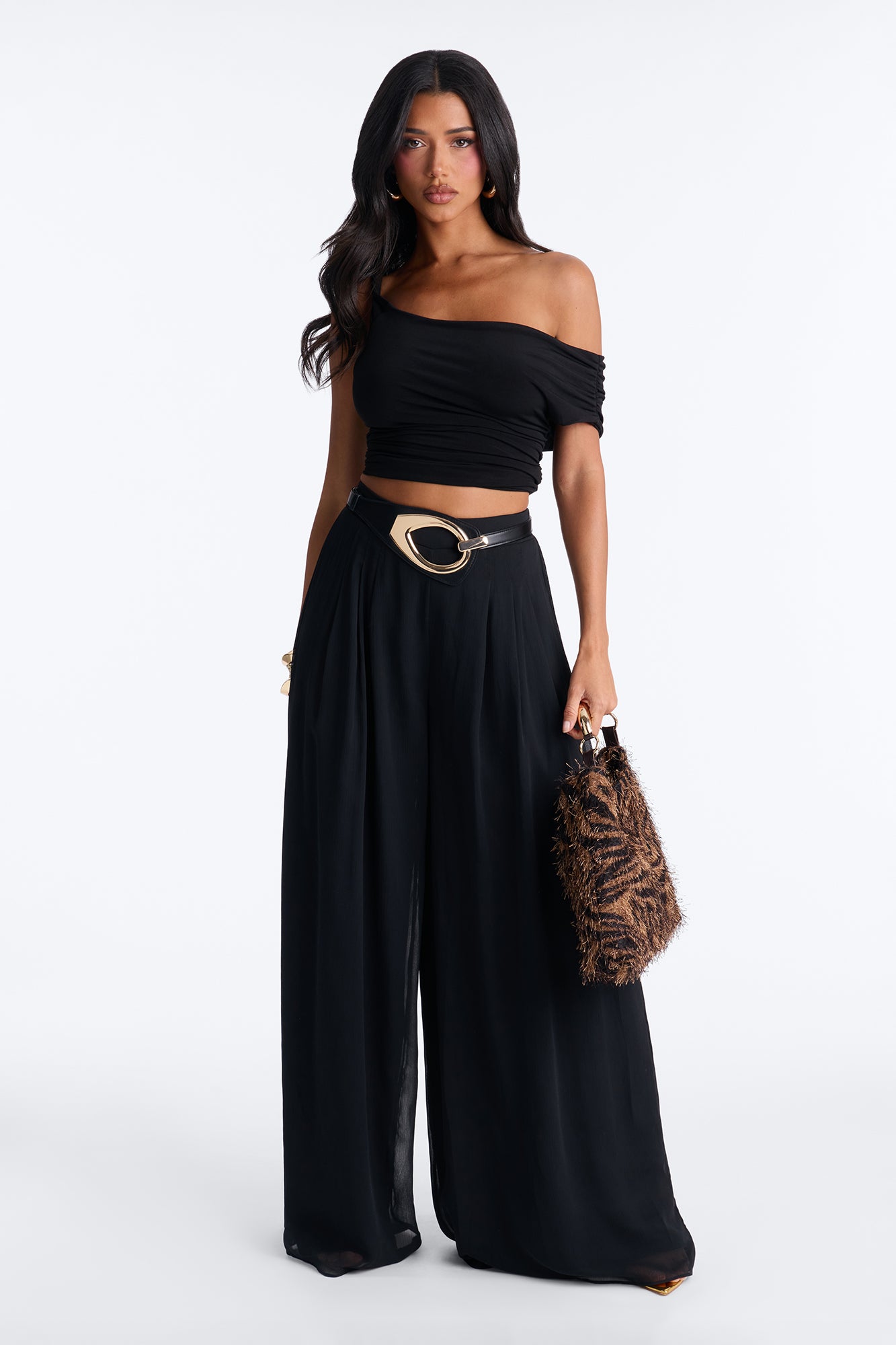 Flowy Layered Chiffon Wide Leg Pant 33″ - Black