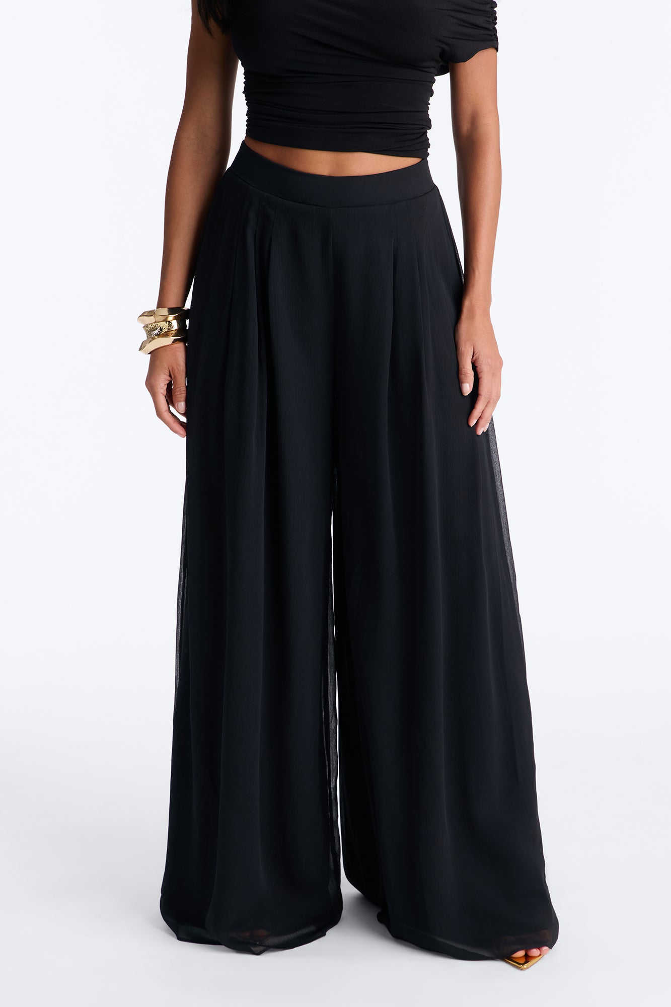 Flowy Layered Chiffon Wide Leg Pant 33″ - Black