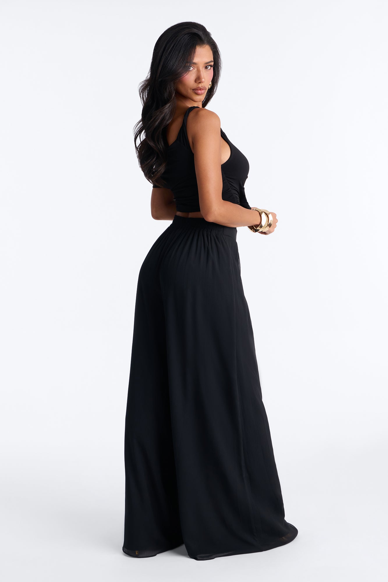 Flowy Layered Chiffon Wide Leg Pant 33″ - Black
